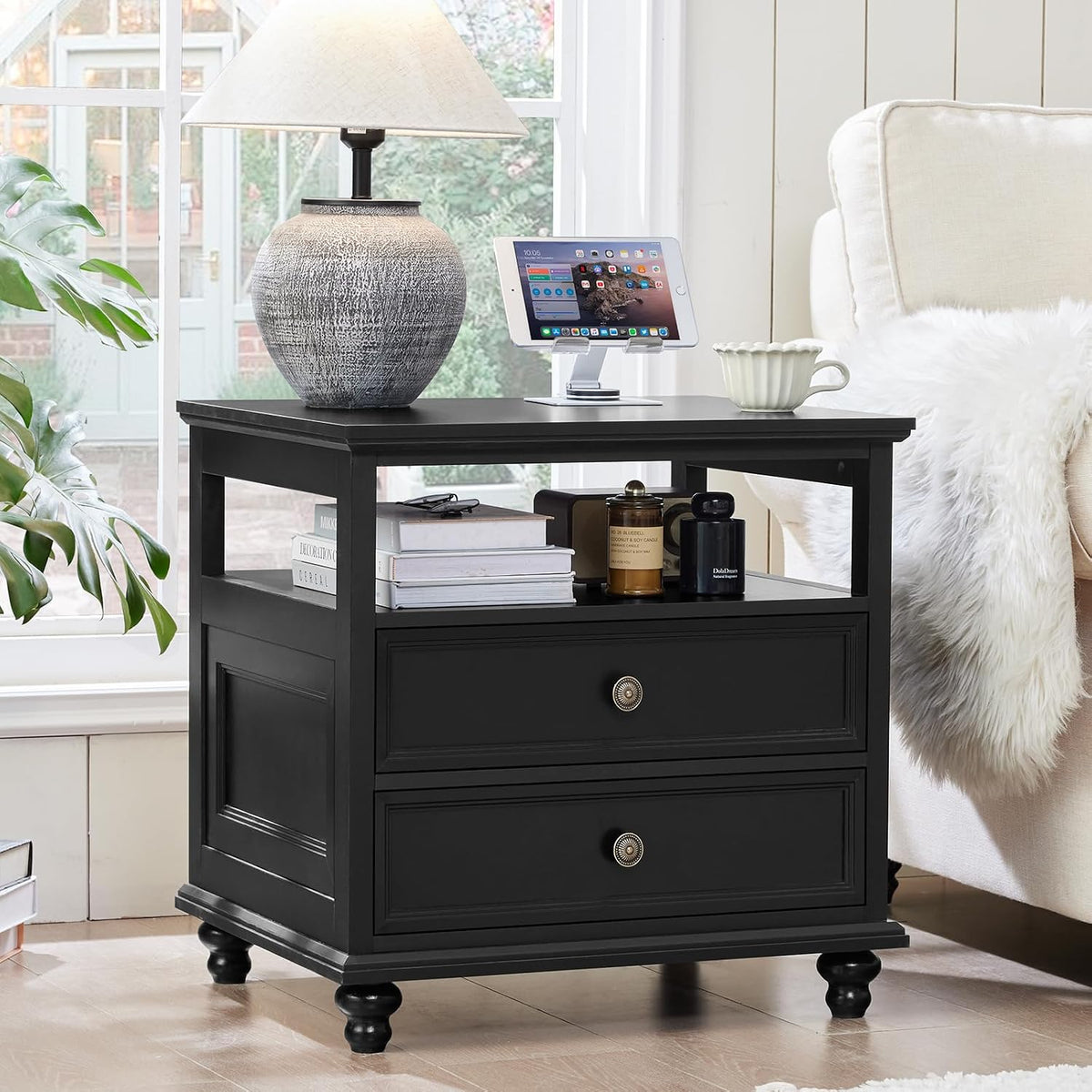 Joaxswe 24" Wide Farmhouse Night Stand Set of 2,Large End Table with 2 Drawers & Metal Handle,Black Wood Dresser for Bedroom, Bed Side Table Chest of Drawers Cabinet, Nightstand for Living Room,Closet