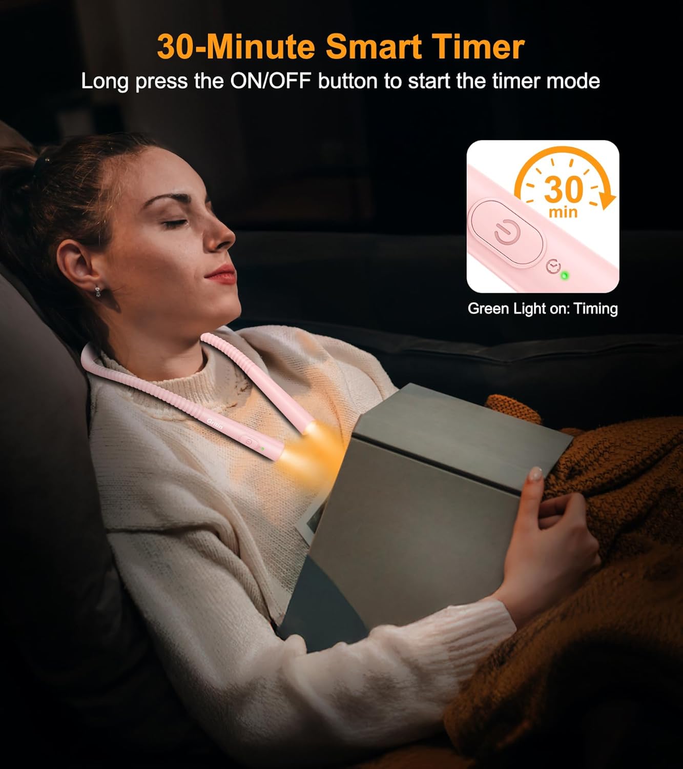 Gritin Book Light, Eye Caring 4-Color & 5-Brightness Neck Light Reading Light- Stepless Dimming,30-min Timer,80+ Hrs Runtime,Bendable Round Neck Design, Lightweight for Reading-Pink