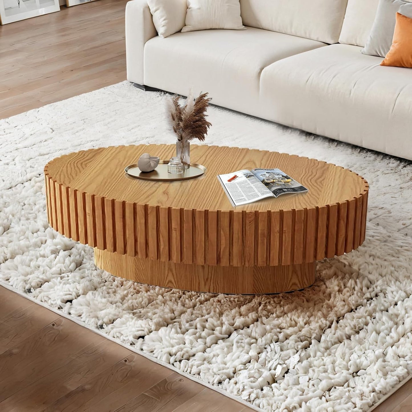 Handcraft Fluted Coffee Table with Sturdy Pedestal (Oval Wood 43.3in) | 43.3" Oval Drum Center Tables | for Living Room Apartment Farmhouse | Easy to Assembly
