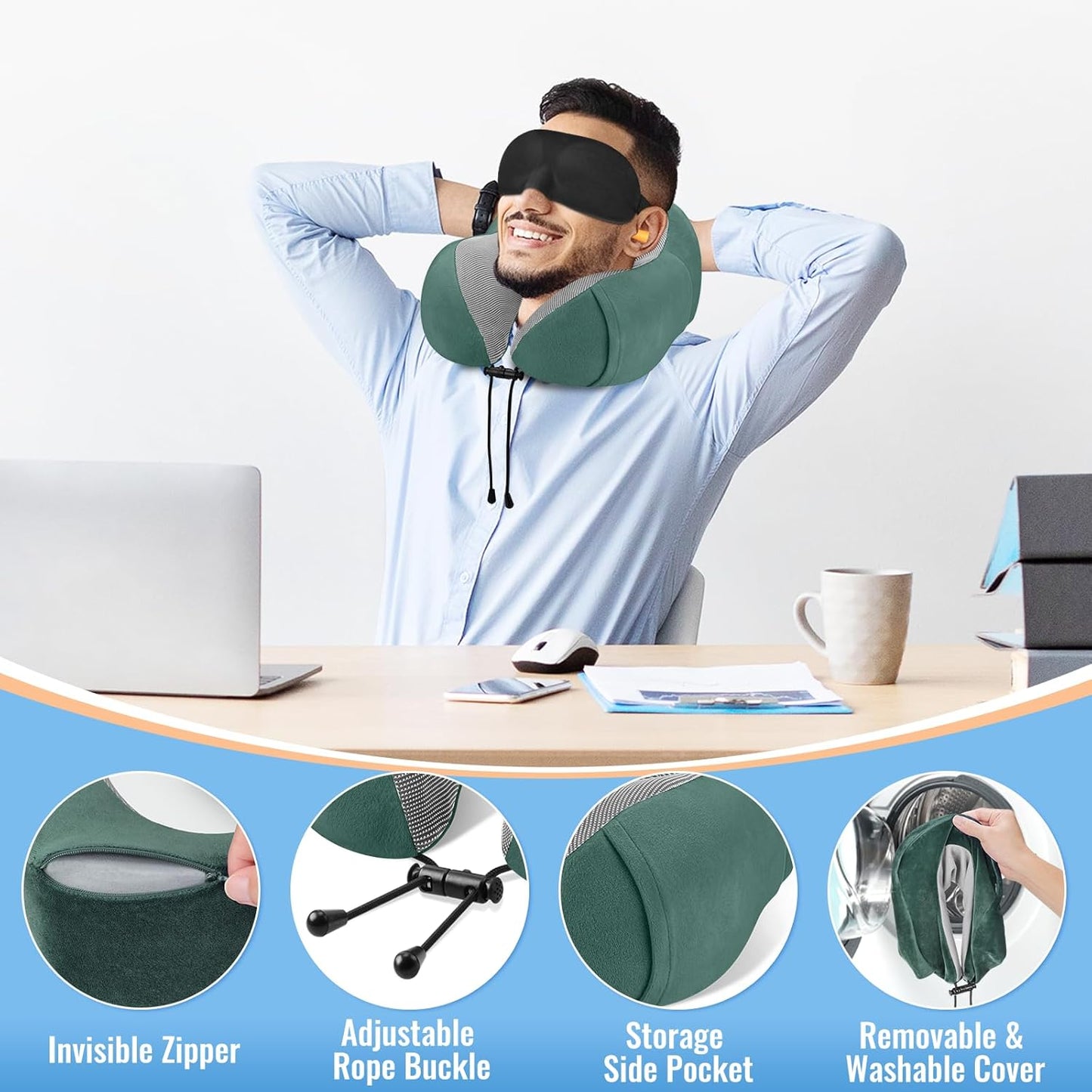 CloudBliss Travel Pillow for Airplane, Set of 2 Memory Foam Neck Pillow for Travel, Travel Neck Pillow for Long Flight, Car & Office, Trip Accessories with Eye Mask, Earplugs, Carry Bag, Black & Green