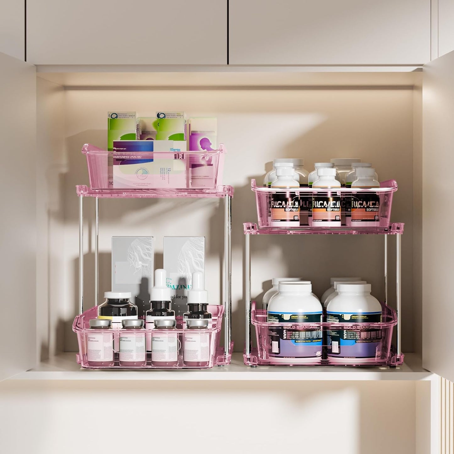 Delamu 2-Tier Under Sink Organizers and Storage, Multi-Purpose Stackable Bathroom Cabinet organizers, Pull Out Kitchen Pantry Organization and Storage with Dividers(2 Pack, Pink)