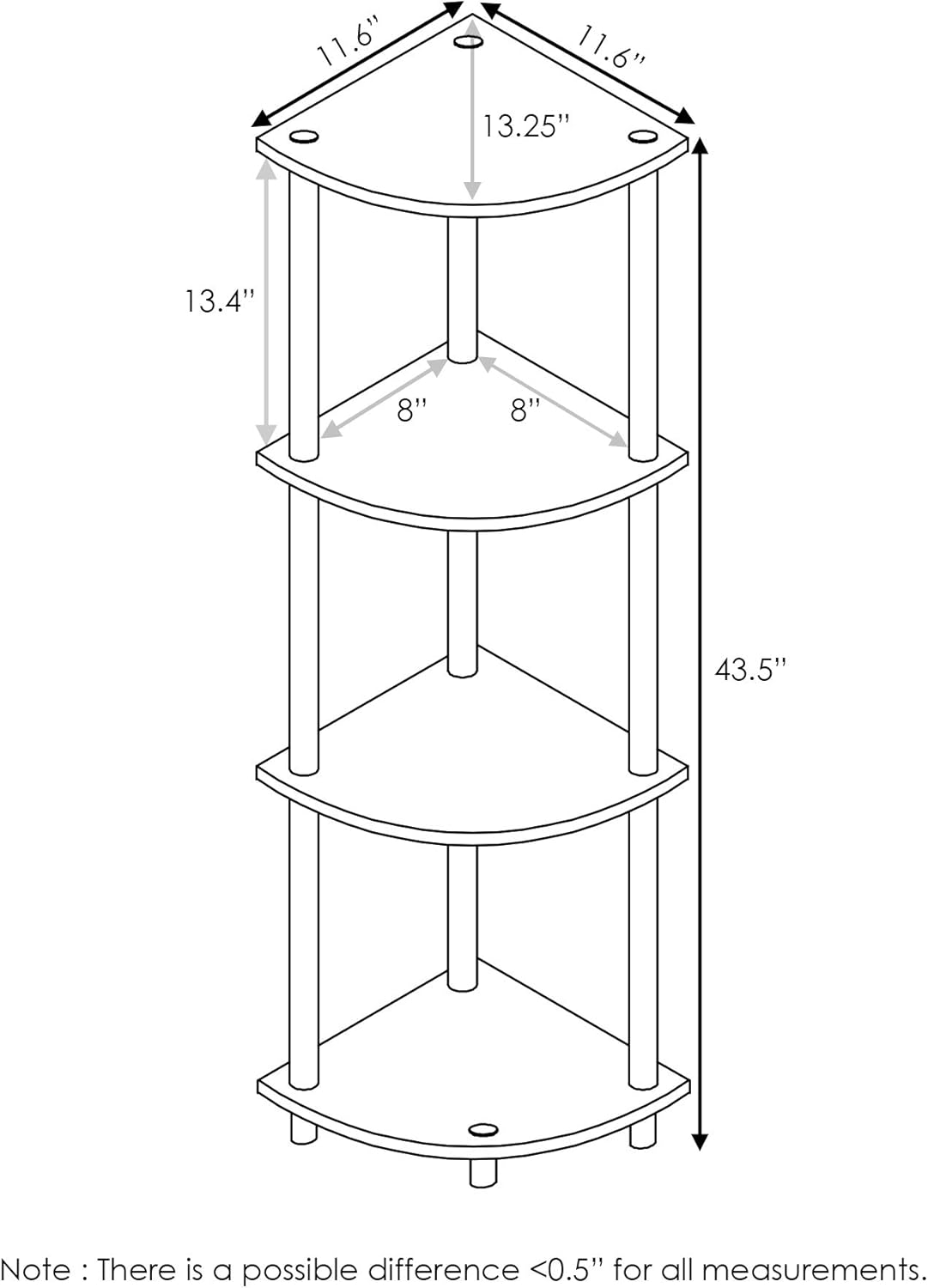 Furinno TURN-N-TUBE Corner Shelf, 4-Tier Corner Bookshelf, Display Storage Shelves with Open Shelves, for Organization and Storage, Living Room, Home Office, Garage, Dark Brown Grain