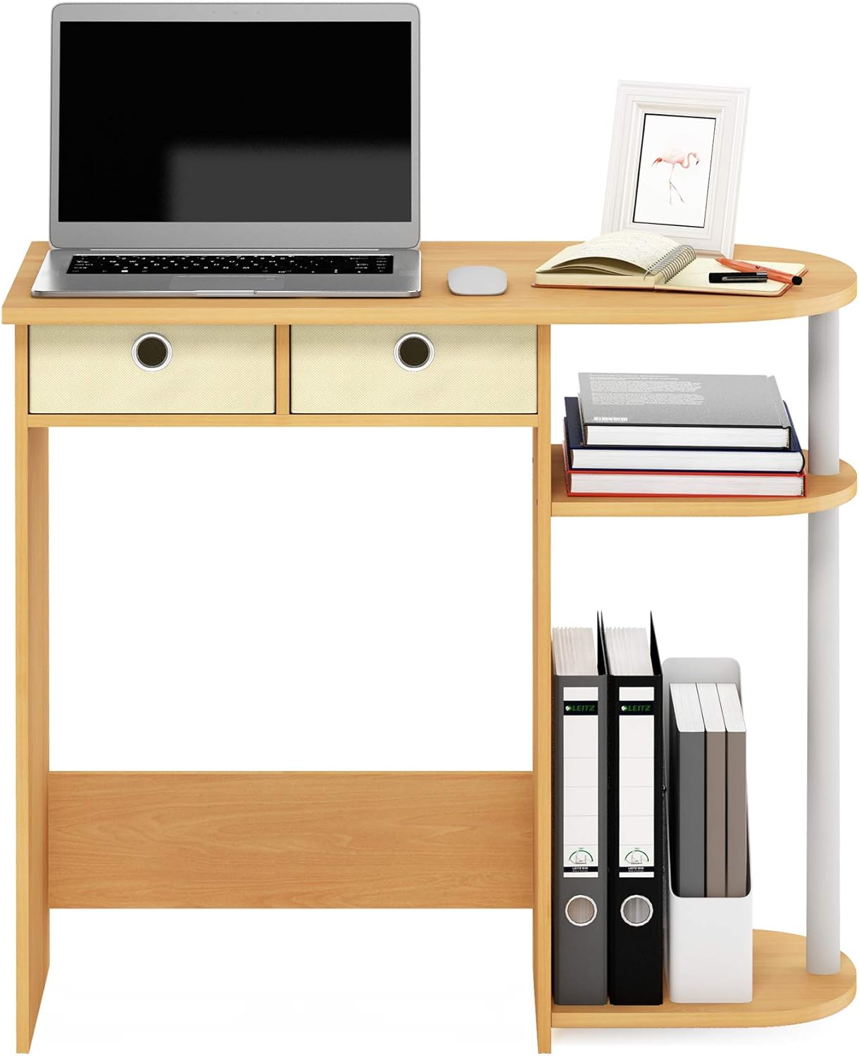 Furinno Go Green Desk, 31.5" Wide Gaming Desk with 2 Side Shelves and Storage Bins, Computer Desk, Office Desk for Home Office, Study Room, Dorm, Bedroom, Beech