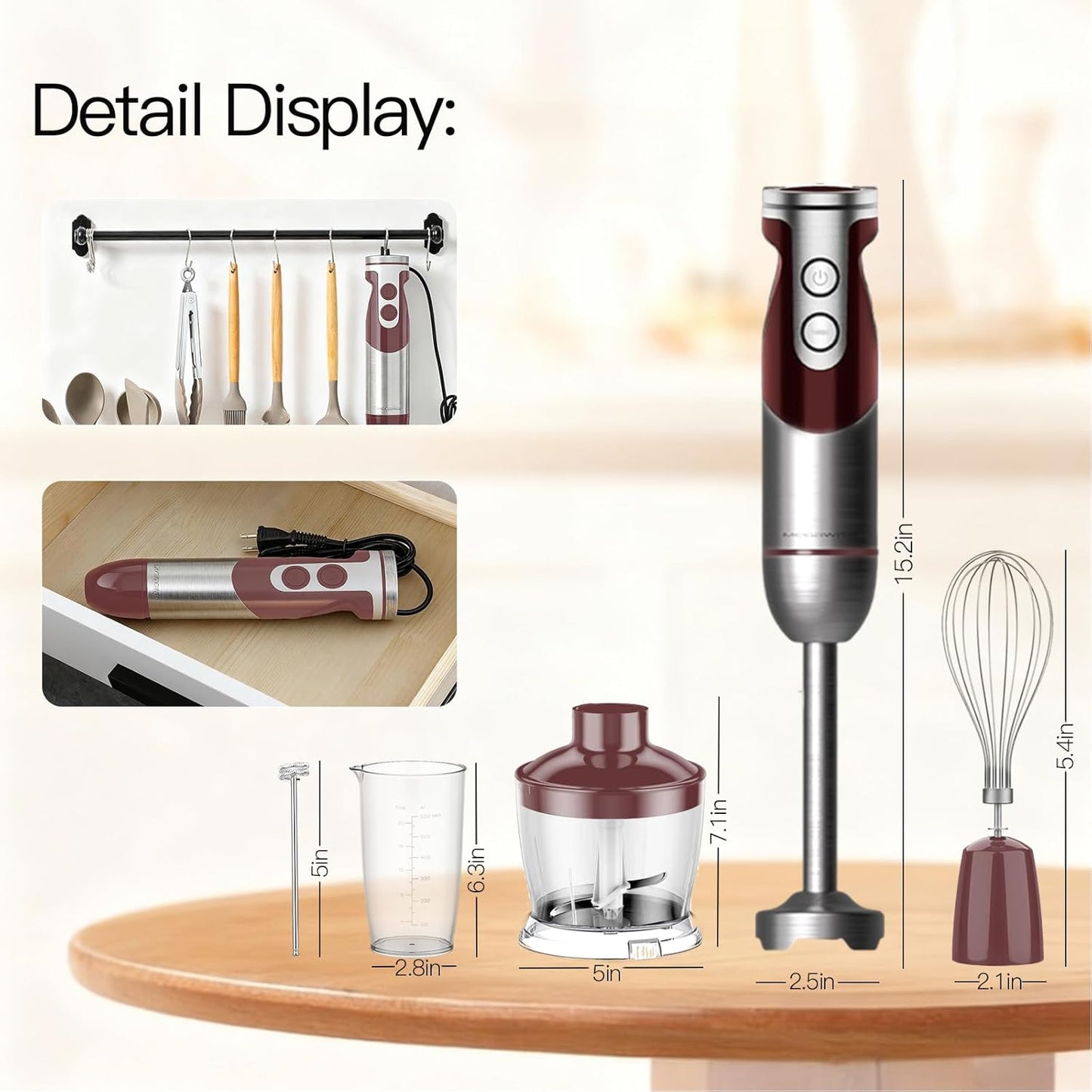 MegaWise 5-in-1 Immersion Hand Blender, Titanium Reinforced Blades (80% Sharper), 12-Speed Powerful Stick Blender with 500ml Chopper, 600ml Beaker, Whisk & Milk Frother for Smoothies, Baby Food & Soup