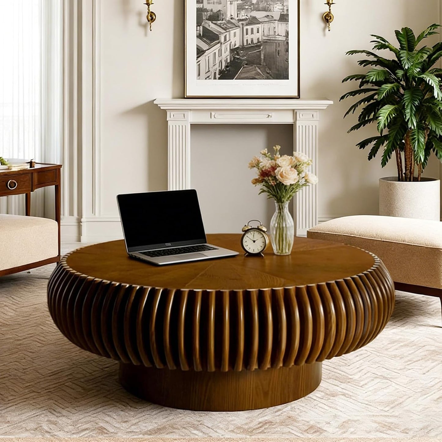 39.4 in Brown Round Drum Coffee Table with Storage | Modern Round Fluted Storage Center Table Handcrafted Solid Wood Fluted Edge, Cylindrical Base For Living Room, Apartment