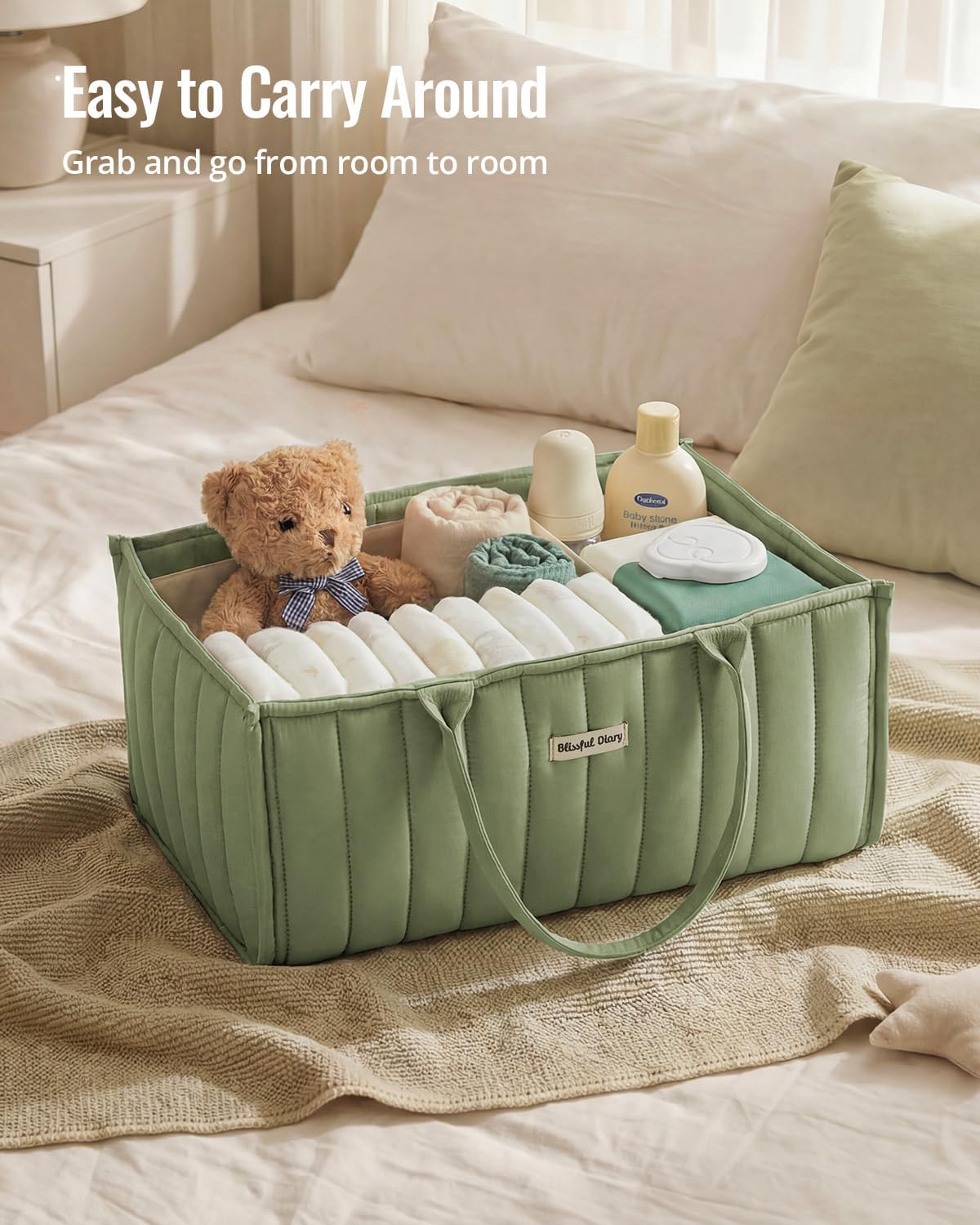 Blissful Diary Baby Diaper Caddy Organizer, Stylish Storage Basket for Newborn Essentials and Diaper Station, Gift for Baby Shower and Registry Must-Have, Sage Green