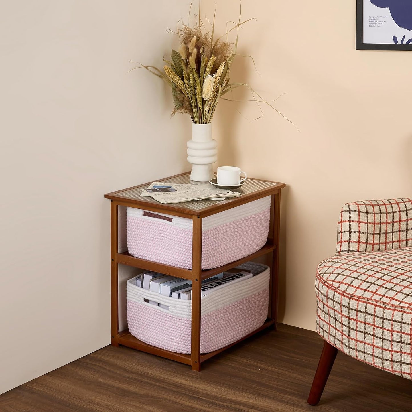 MiniArk Large Storage Baskets for Shelves, 17 x 13 x 7.5” Closet Organizers Bins for Clothes Blanket Towels, Baby Nursery, Toy Baskets Box, Woven Rope Baskets, 2 Packs Woven Pink