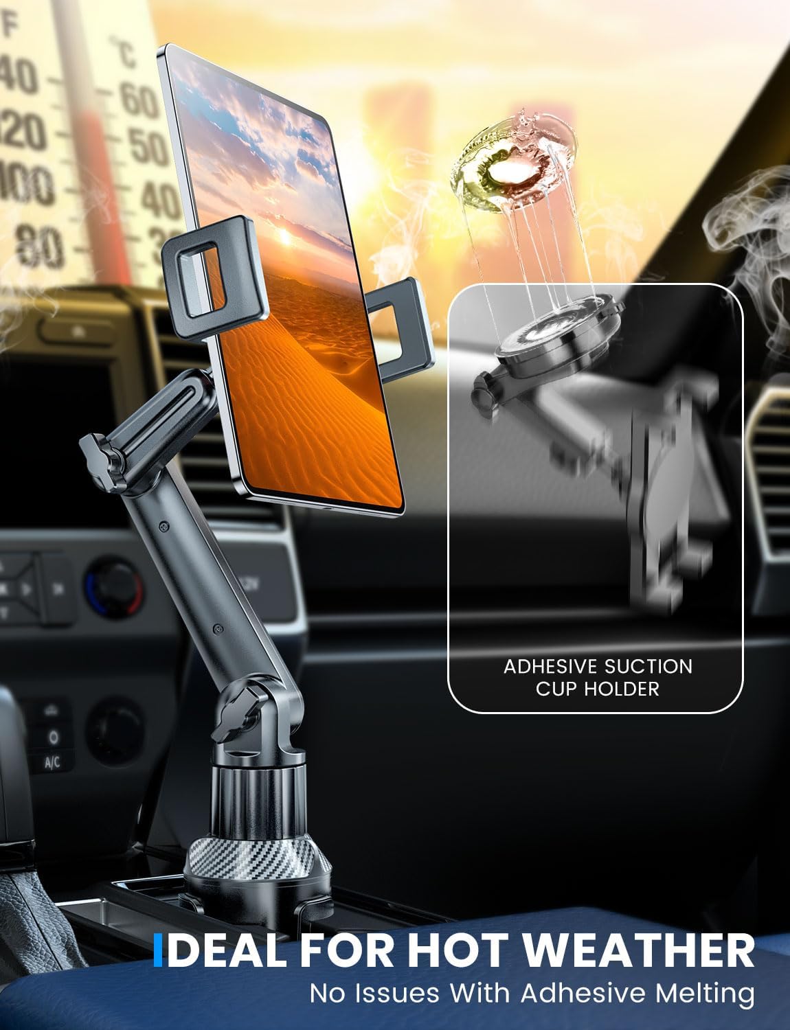 eSamcore Tablet Holder for Car, for iPad Stand Cup Holder Car Mount with 1.57" Depth Large Clamp 15" Height Adjustable Tab Mount Holder for 6"-12.9" Cell Phone iPhone Travel iPad Accessories
