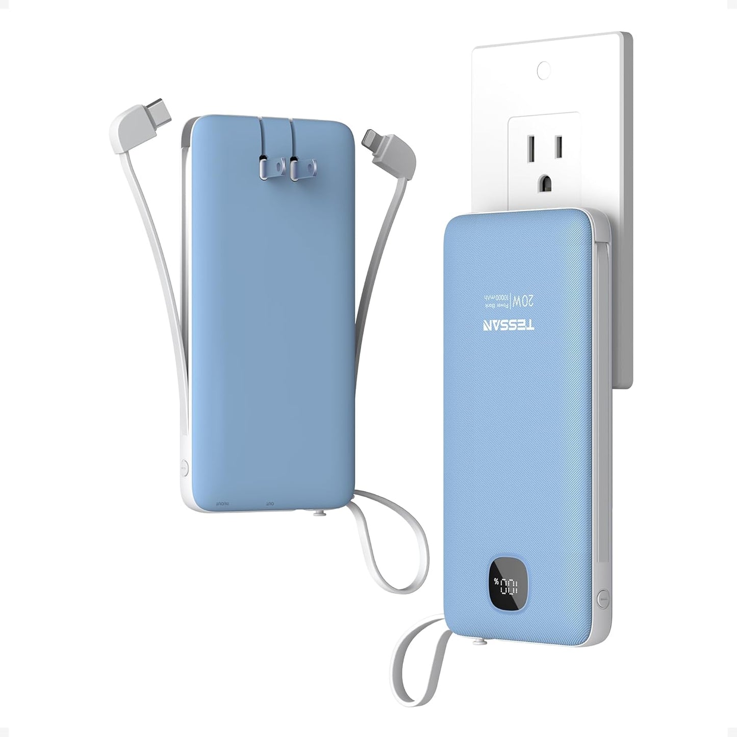 Portable Charger with Built in Cables,TESSAN 10000mAh Power Bank Fast Charging with Foldable Wall Plug Charger, PD20W Compact Battery Pack Travel Essentials for iPhone 17/16/15 Series,Samsung,Tablets