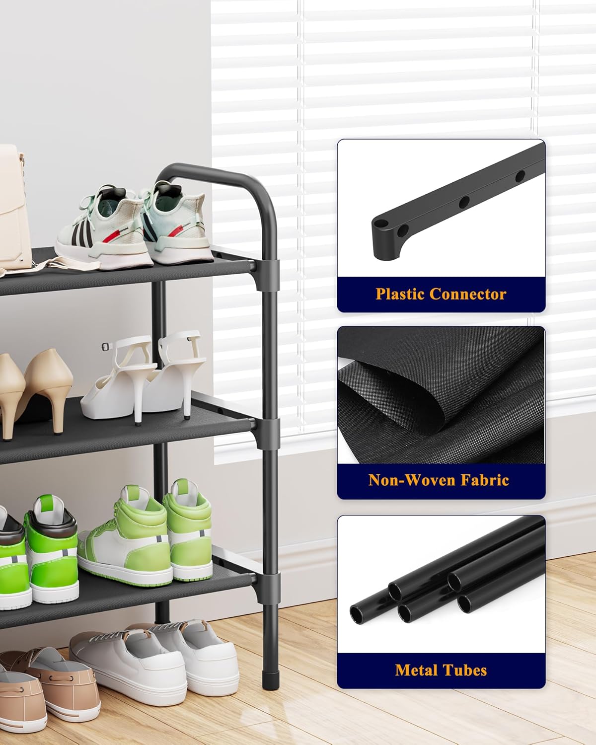 Kitsure Extra-Long Shoe Rack for Closet, Shoe Organizer for Front Door Entrance, Stackable Shoe Shelf, Detachable Closet Organizers and Storage, 39.0" Wide - 3 Tier, Black