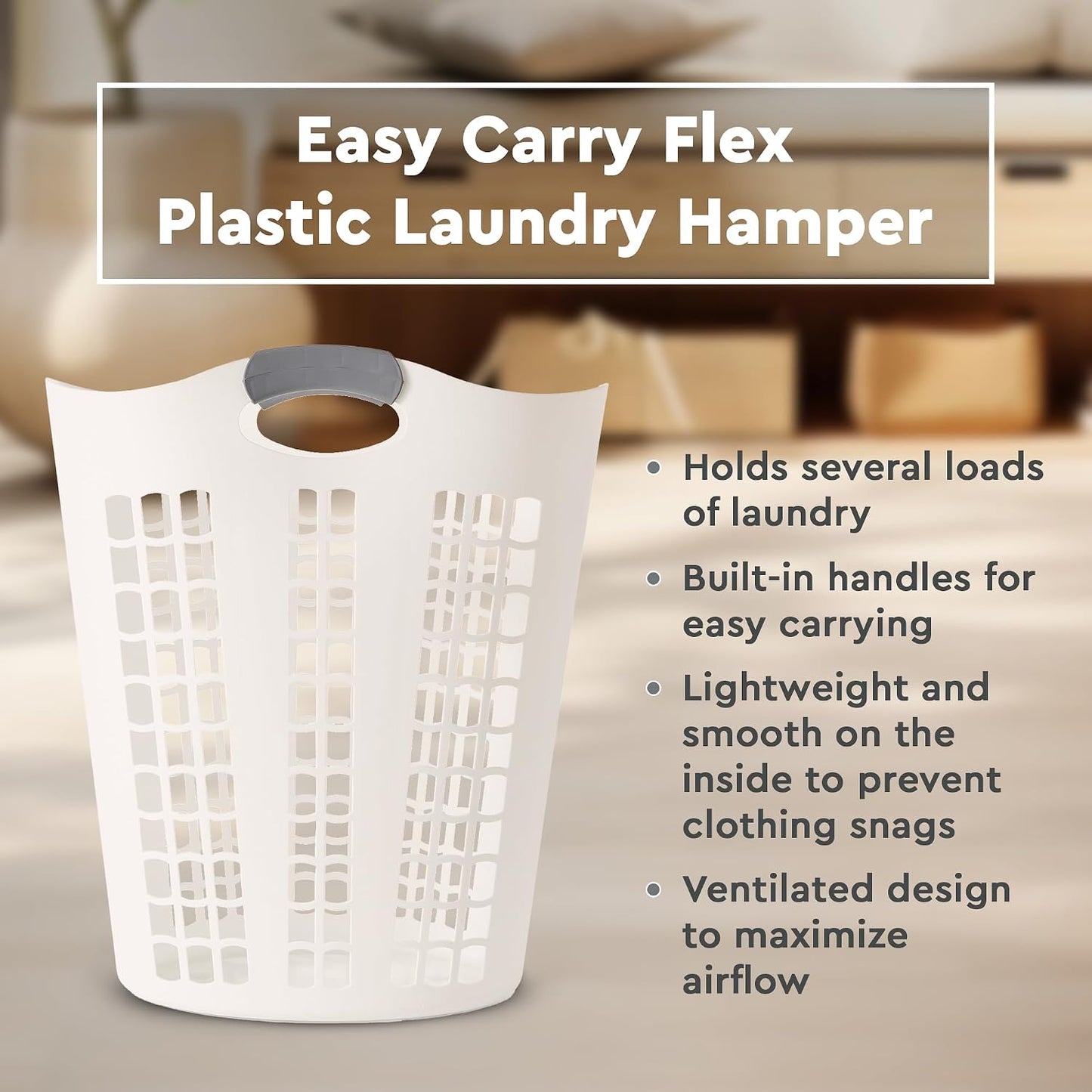 Gracious Living 4 Pack Easy Carry Flex Hamper, Large 87.5L Laundry Basket | Lightweight Plastic Ventilated Clothes Bin with Handles, White