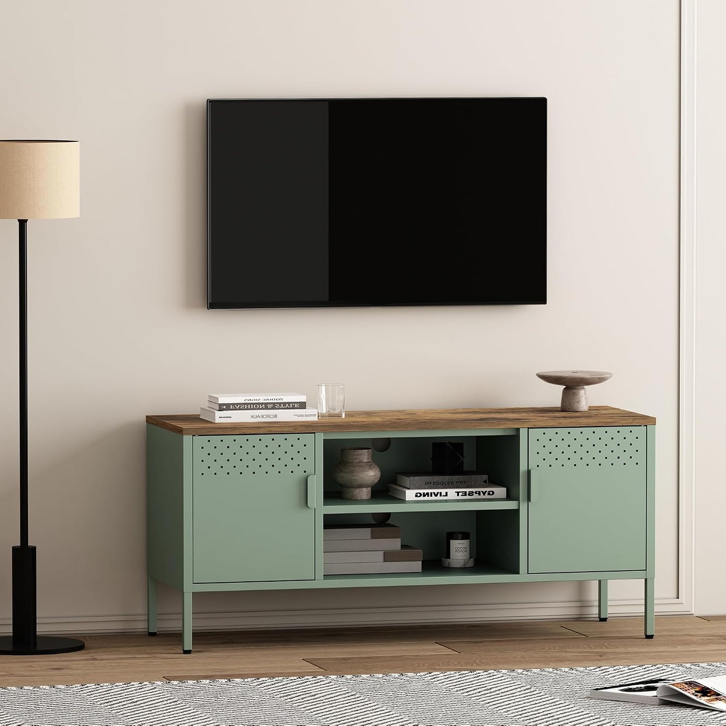 Manhattan Comfort Landen 47" Modern Metal TV Stand with Storage Cabinets & Open Shelves, Holds Up to 40" Screen, TV Console with Natural Wood Top, Cable Management, Adjustable Legs, Green