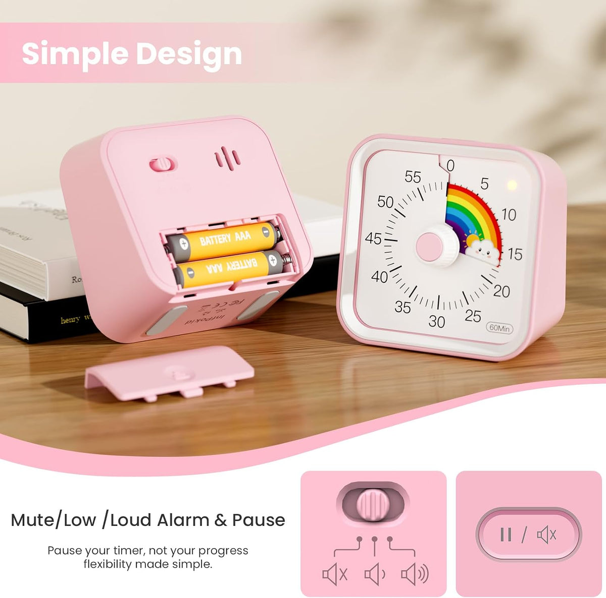 Visual Timer for Kids, Rainbow Timer with Pause Function, Pink