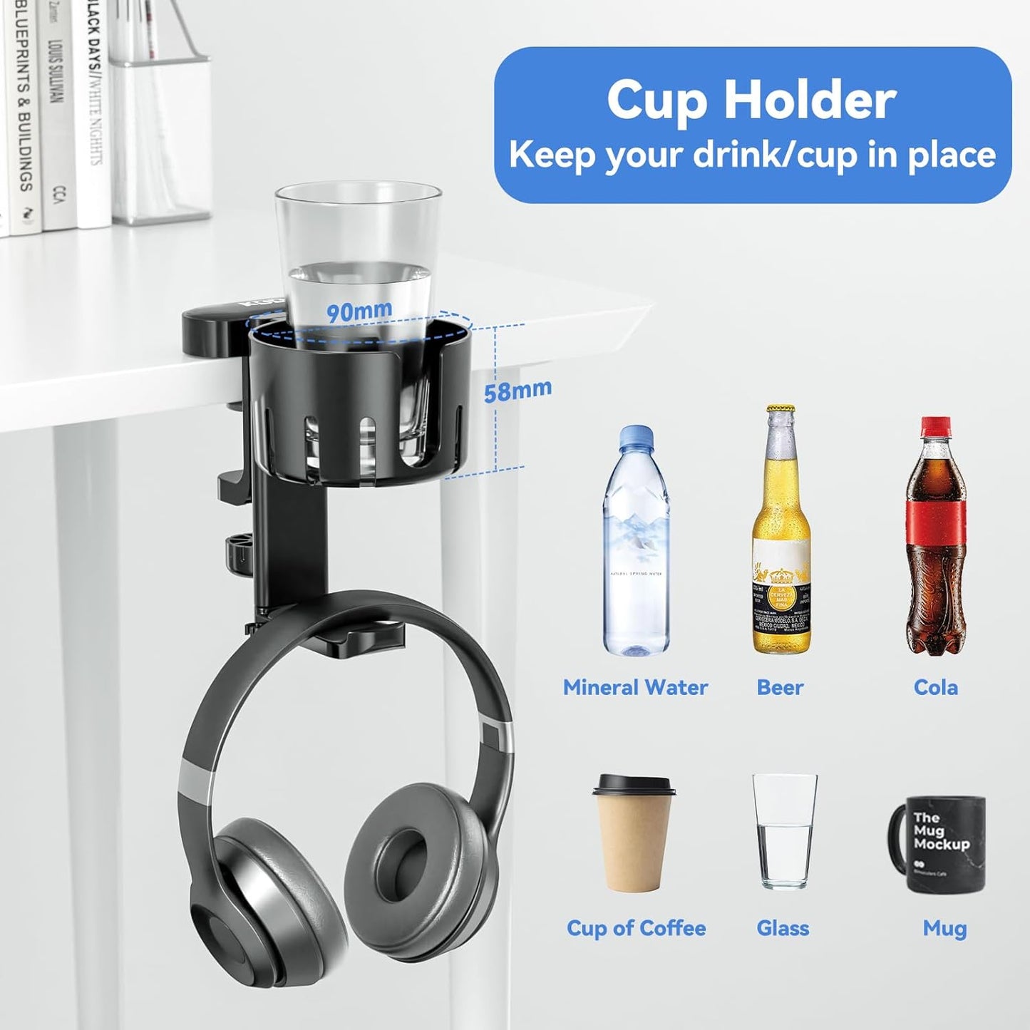 KDD 5 in 1 Desk Controller Holder - Rotating Headphone Hanger with Cup Holder - Clamp On Desk Organizer Holds Controller, Headphone, Cup, Mobile Phone and Pen(Black)