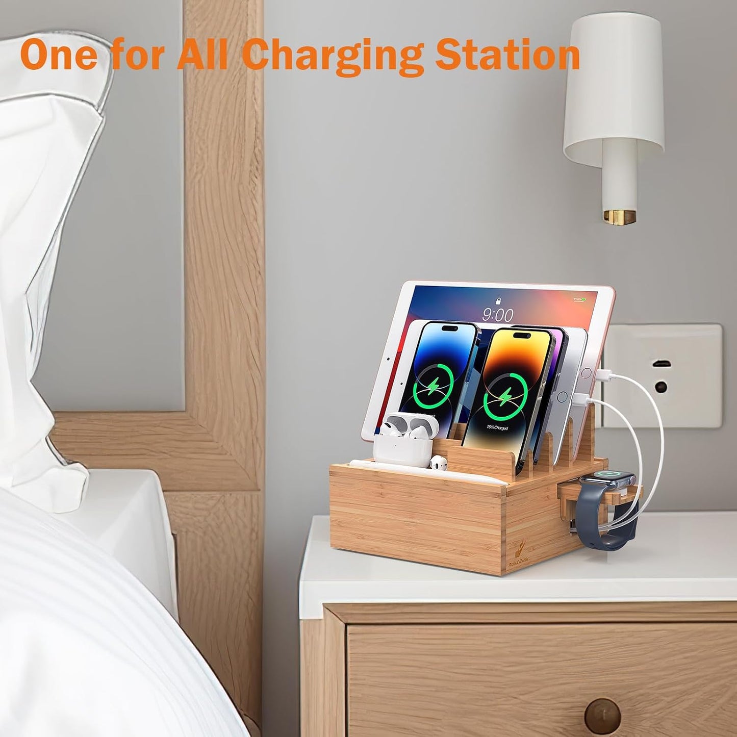 Pezin & Hulin Desktop USB Charging Station with Power Charger & Cables | Bamboo Charging Station for Multiple Devices, Desktop Charger Block, Compatible with Tablet, Cell Phone, Earbuds, Smartwatch