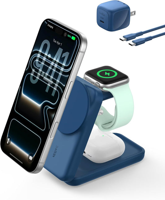 Belkin Qi2.2 25W Wireless 3 in 1 Foldable Fast Charging Station for iPhone | Fast Charigng, MagSafe Compatible, iPhone 17/16/15, Apple Watch, AirPods, Travel Charger, Magnetic