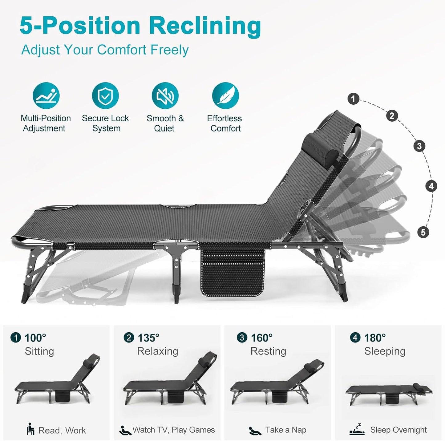 ABORON Heavy Duty Tanning Chair,Outdoor 5-Position Folding Chaise Lounge Chair with Pad,Portable Beach Lounge Chair for Outdoor Sunbathing Patio Pool Lawn Deck Poolside