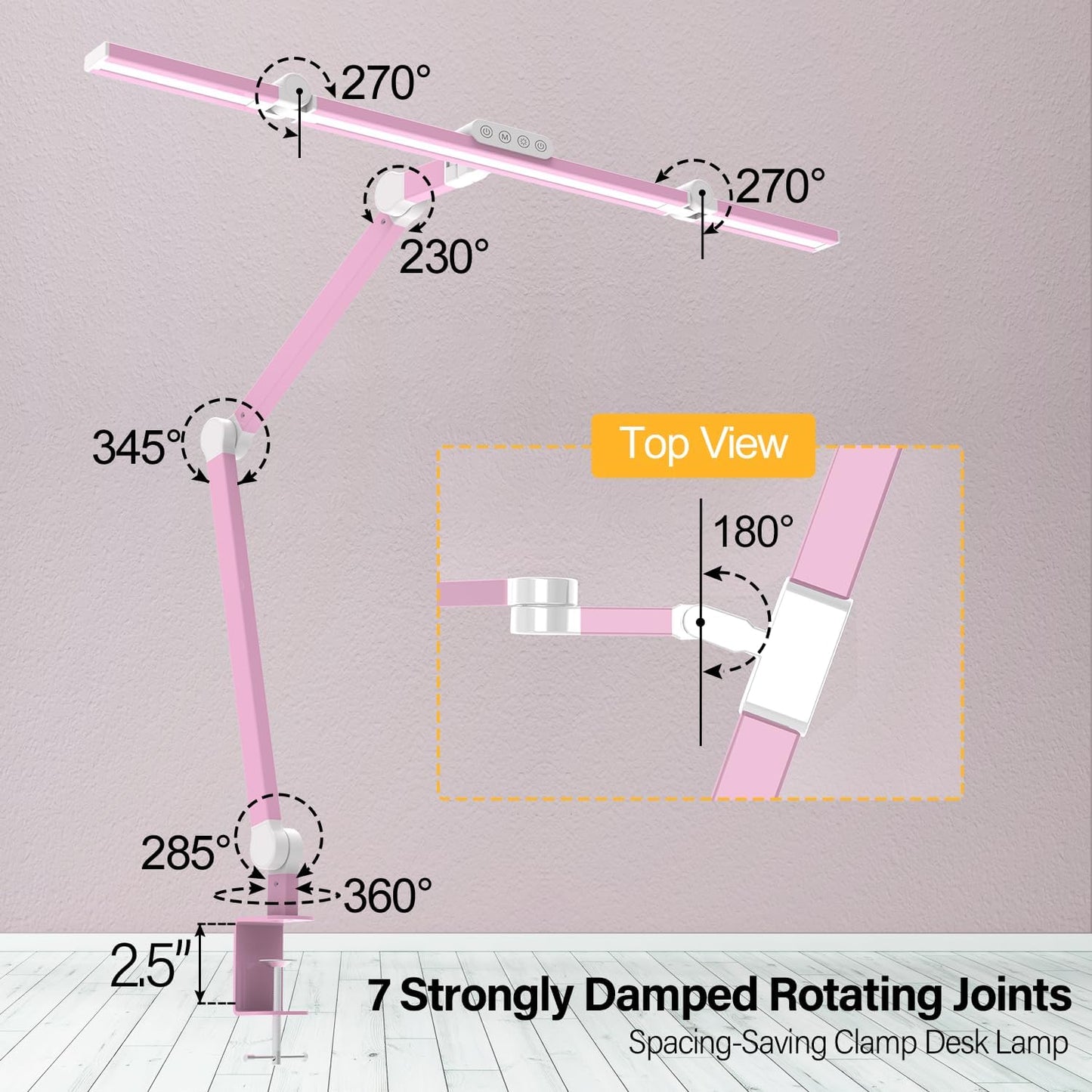 Micomlan Architect Desk Lamp for Home Office, Pink Desk Lamp with Clamp for Working, 24W Bright Rotatable Led Table Light Stepless Dimming Tempering Wide Computer Light for Crafting Puzzle Hobby