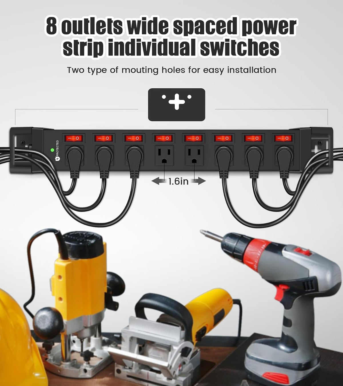 HEZI Heavy Duty Power Strip with 8 Outlets,1200J Surge Protector,Black,6FT