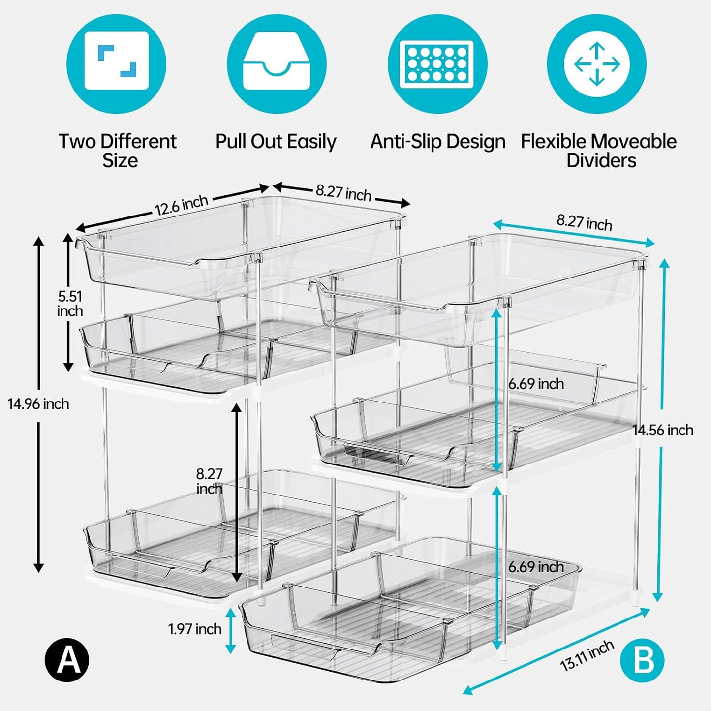 Delamu 2 Pack 3-Tier Bathroom Under Sink Organizers and Storage, Multi-Purpose Stackable Pantry Organization and Storage, Pull Out Clear Kitchen Bathroom Cabinet Organizer with Movable Dividers, Grey