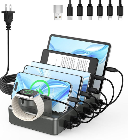 50W Fast Charging Station, 6 Port Charging Station for Multiple Devices | Compatible with iPhone,iPad, Tablet,Kindle ect,with 6 Short Cables and Apple Watch Holder（Space Gray）