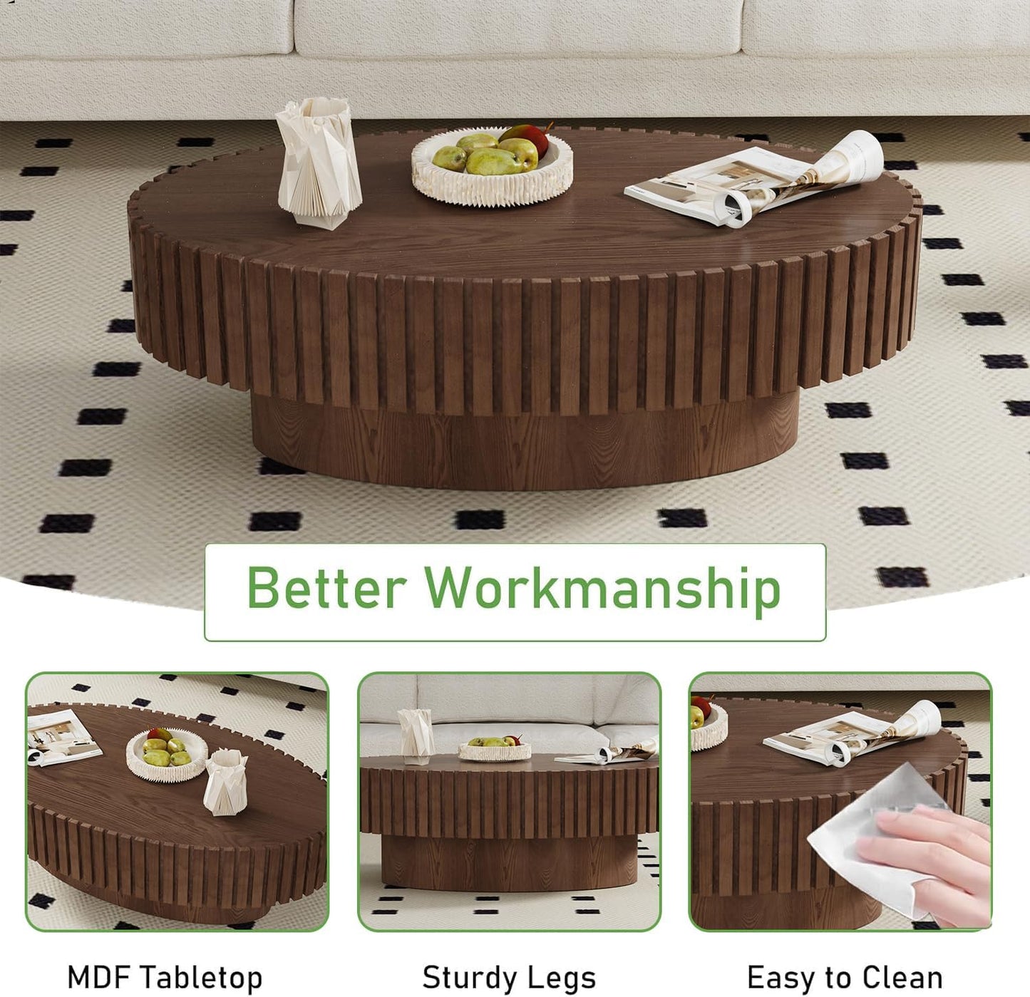Modern Oval Coffee Table for Living Room (Oval Dark Brown) | Drum Oval Fluted Coffee Table, Pedestal Center Table for Office Patio