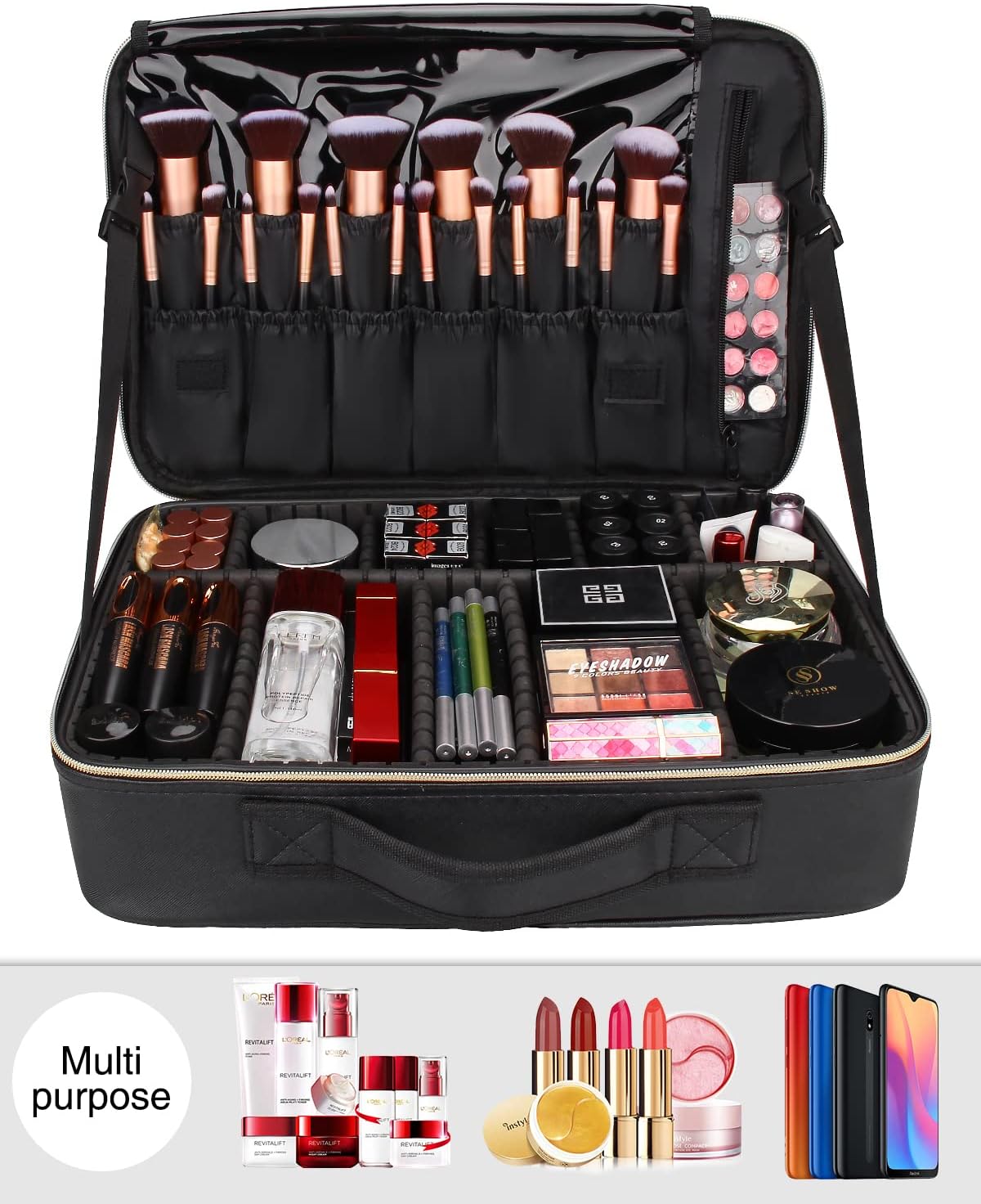 Relavel Makeup Case Large Makeup Bag Professional Train Case 16.5 inches Travel Cosmetic Organizer Brush Holder Waterproof Makeup Artist Storage Box, Large Capacity (Leather Black)