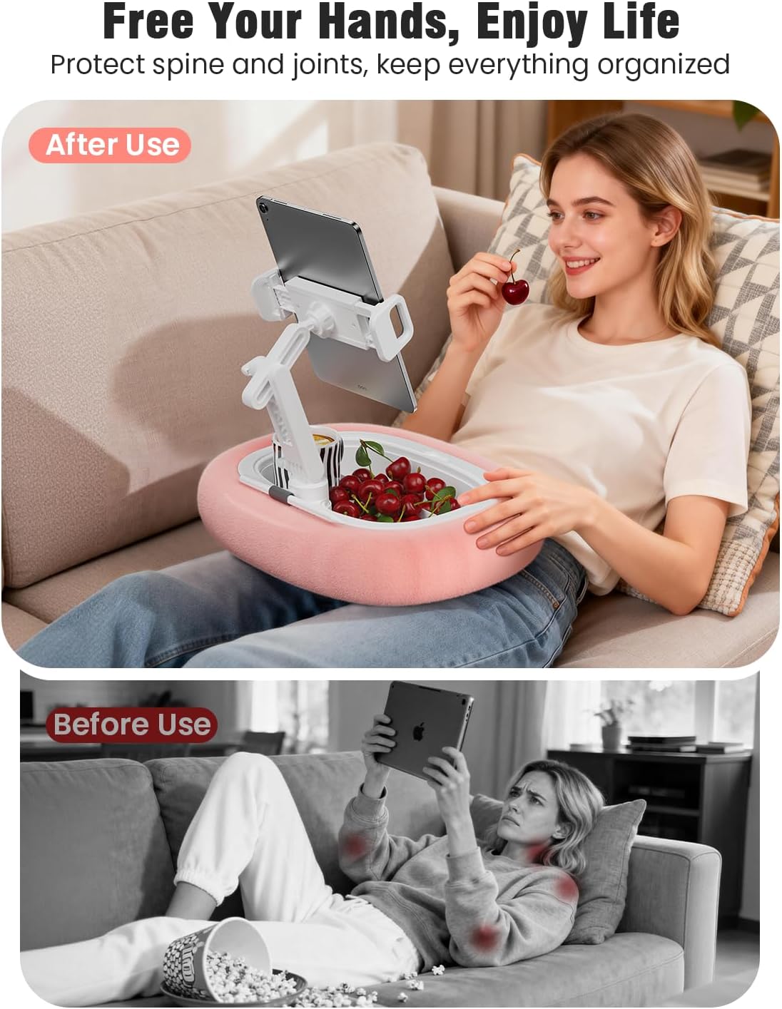 Tablet Kindle Pillow Stand Holder Free Adjustment with 3 Divided Trays Fit 4''-13'' Phone Kindle iPad Holder Stand Ultra Stable for Bed Soft Plus Fabric Dust Cover Lap Desk Kindle Accessories Pink
