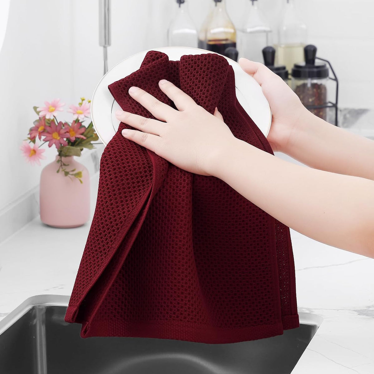 Homaxy 100% Cotton Waffle Weave Kitchen Dish Towels 12-Pack, Burgundy