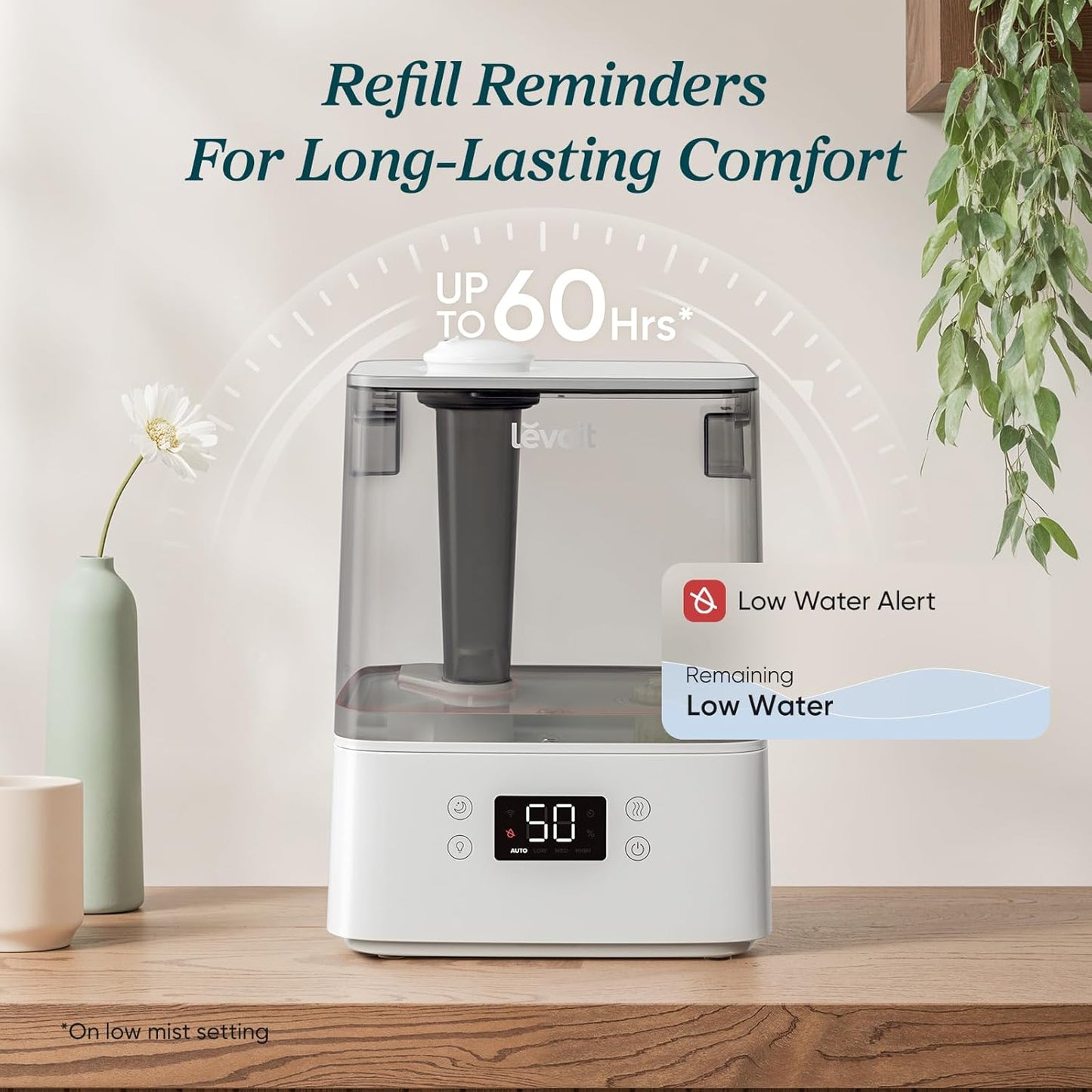LEVOIT Humidifiers for Bedroom Large Room Home, (6L) Cool Mist Top Fill Essential Oil Diffuser for Baby & Plants, Smart App & Voice Control, Rapid Humidification & Auto Mode - Quiet Sleep Mode, Gray