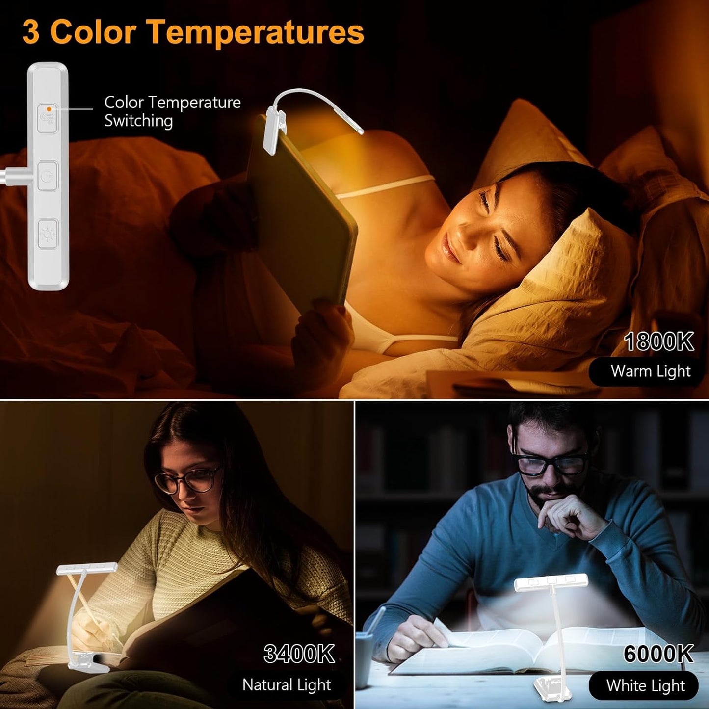 Gritin 19 LED Rechargeable Book Light for Reading in Bed with Memory Function- Eye Caring 3 Color Temperatures,Stepless Dimming Brightness,90 Hrs Runtime Clip on Light for Book Lovers-White