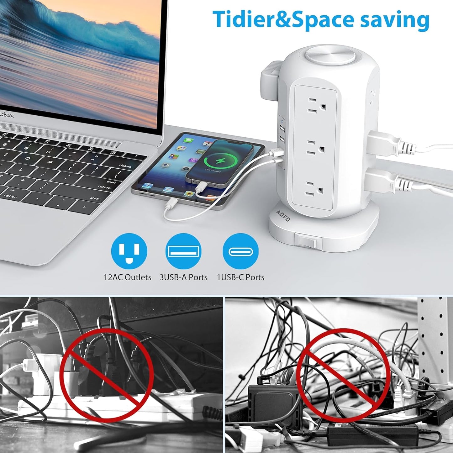 Tower Power Strip Flat Plug with 12 Outlets 4 USB(1 USB C),AOFO Power Strip Charging Station with Overload Protection, Widely Spaced Multiple Outlets 10Ft Extension Cord for Home, Dorm,Office