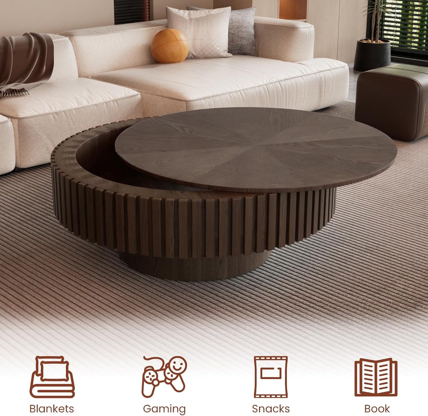 JHKZUDG 31.5'' Round Drum Coffee Table with Hidden Storage (Brown) | Fluted Coffee Table with Solid Wood Veneered Modern Wooden Circle Center Table Tea Table for Living Room Home Office