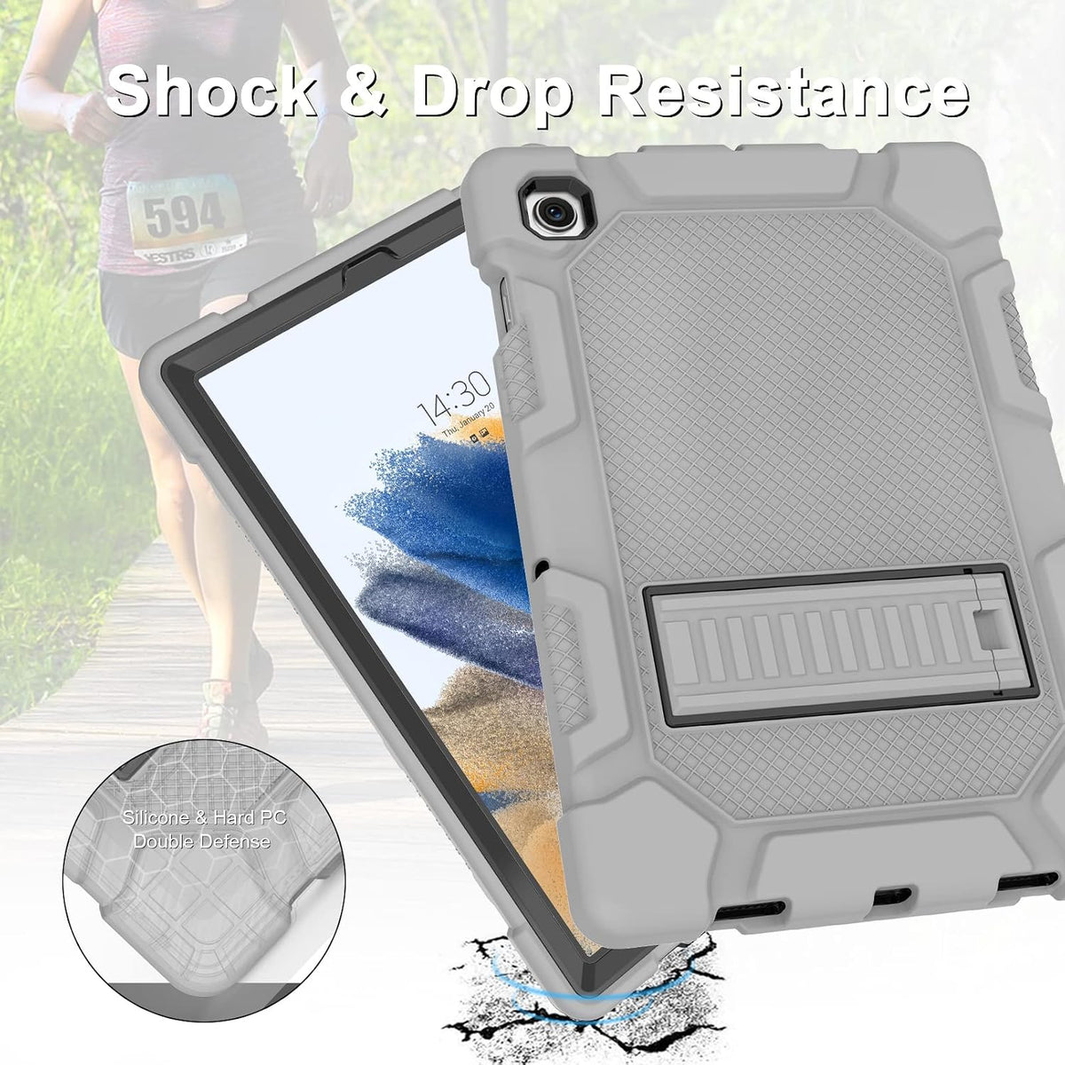 Galaxy Tab A8 10.5 Case with Kickstand, Hybrid Shockproof Rugged Cover for Samsung A8 Tablet Case 10.5 Inch (SM-X200/X205/X207), Gray+Black