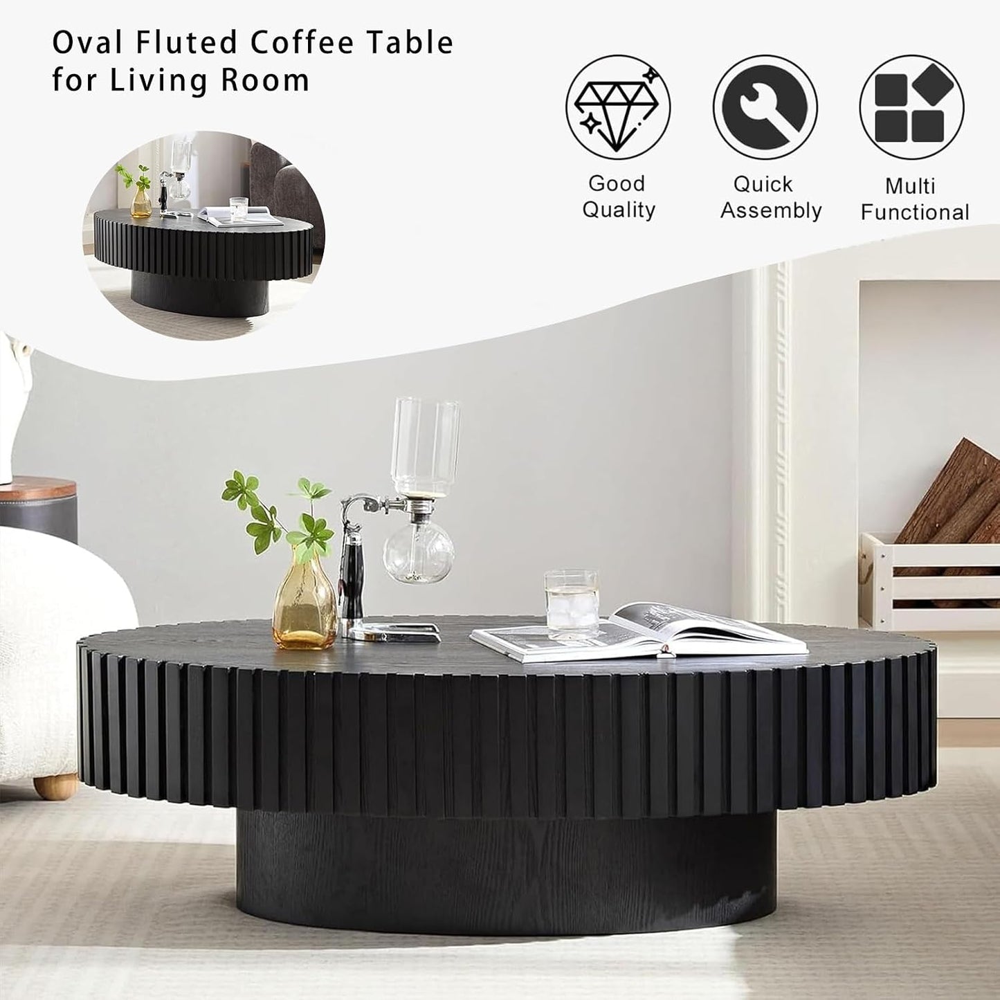 Handmade Oval Grooved Drum-Shaped Coffee Table (C Black 43in) | Rustic Modern Circular Centerpiece for Living Room & Farmhouse Decor, Easy to Clean