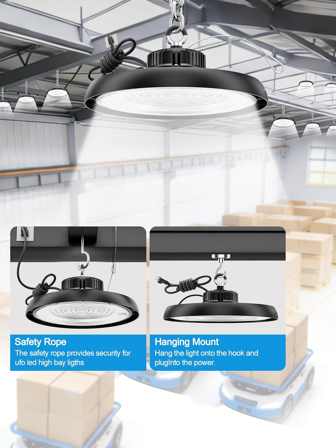 12Pack 150W Super Bright 22500LM UFO LED High Bay Light AC100-277V 5000K High Bay LED Shop Lights with Hook 5'Cable & US Plug for Warehouse Workshop Garage