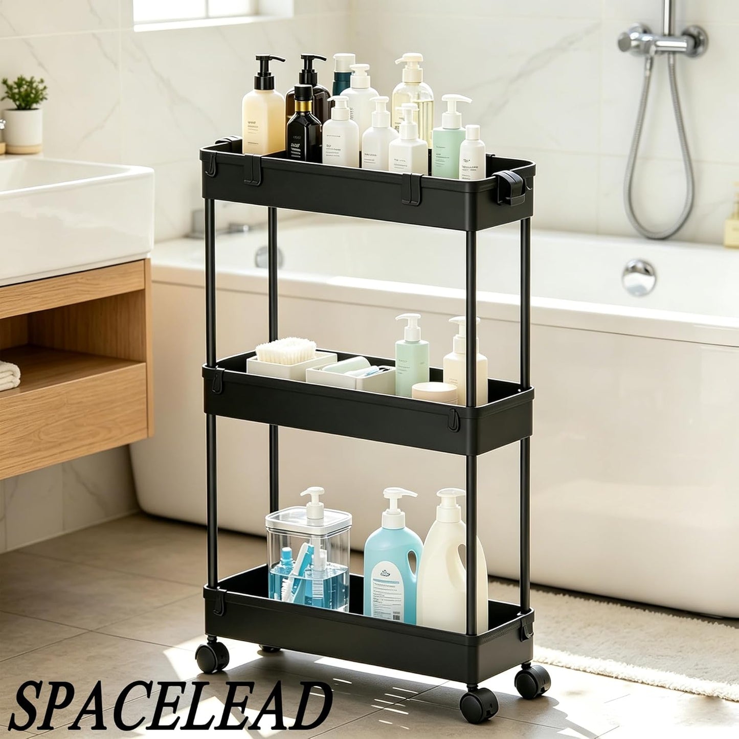 SPACELEAD Slim Storage Cart 3 Tier,Bathroom Organizer Rolling Utility,Mobile Shelving Unit Slide Out for Office, Kitchen, Laundry Room & Narrow Places,Black