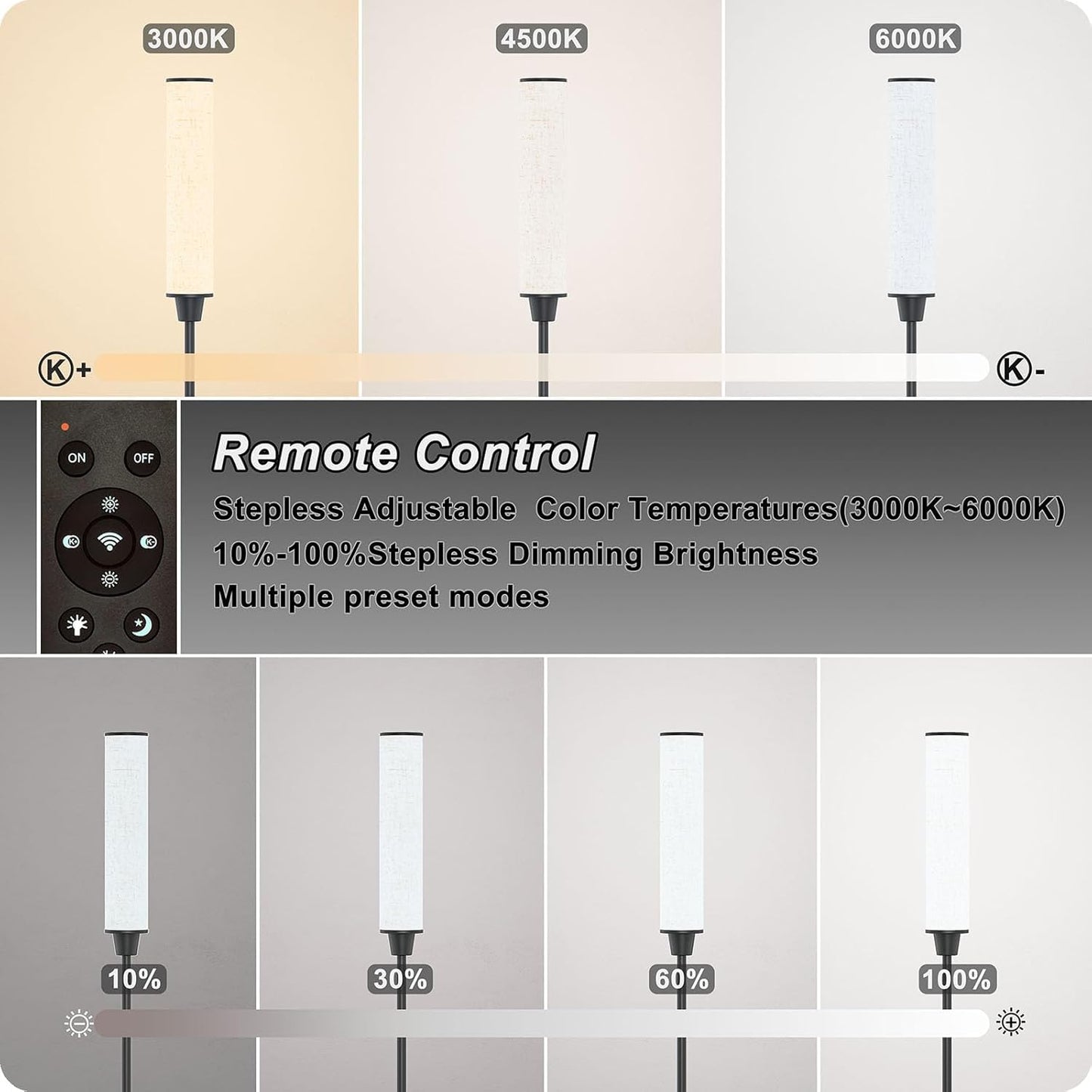 Nukanu Floor Lamp with Remote Control, Floor Lamps for Living Room/Bedroom/Office, Stepless Adjustable 3000K-6000K Colors and 10-100% Brightness,Standing Light with Foot Switch (Black+Beige Linen)
