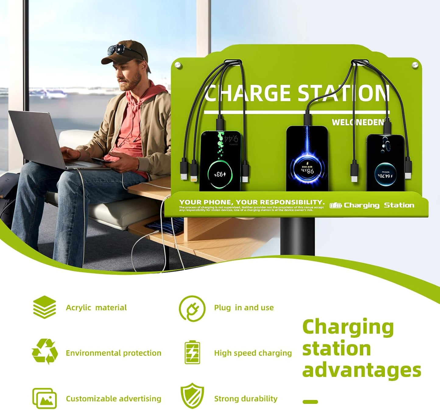 Wall Mounted Cell Phone Charging Station Mobile Phone Charging Station | Fast Charging 8 Device | Compatible with iPhone ipad Smartphone Tablets Port | Great for Offices Hotel Hospital Airport (Green)