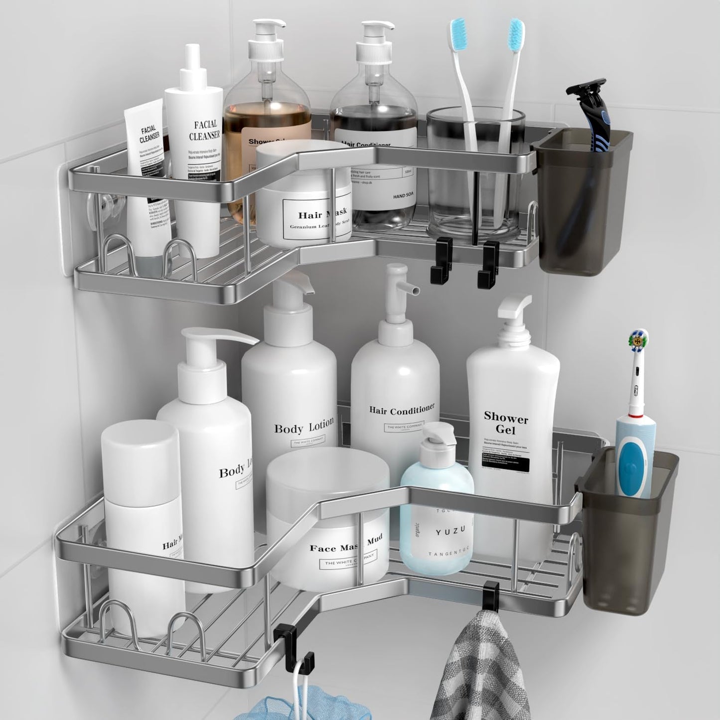 AKTECKE Corner Shower Caddy, 2 Pack Adhesive Shower Corner Organizer Shelves, No Drilling Stainless Steel Shower Storage Rack with Hooks&Toothpaste Holder for Bathroom Kitchen （for 90° Corners Only）