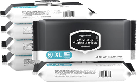 Amazon Basics Extra Large Flushable Wipes, Fragrance Free, pH Balanced, with Vitamin E & Aloe, Hypoallergenic, 360 Wipes, 6 Packs of 60, Resealable Closure