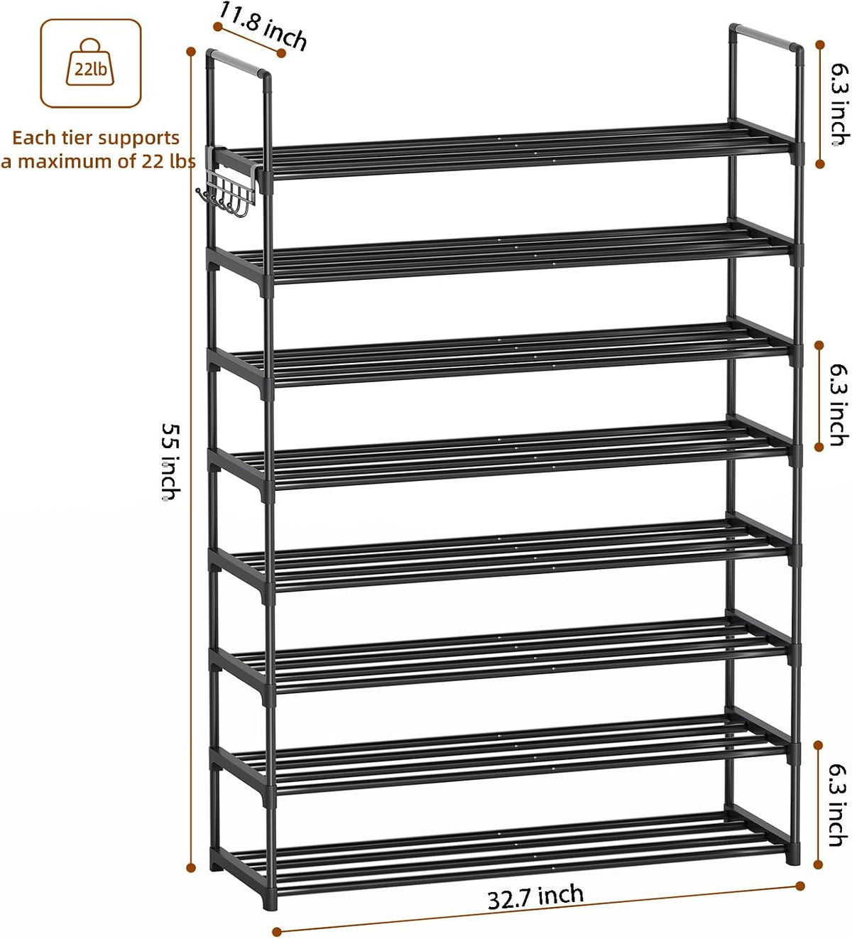 Shoe Rack, 8 Tier Tall Shoe Rack for Entryway, Shoe Orhanizer for Closet, Shoe Shelf, Shoe Stand for Front Door Entrance, Closet & Entryway.