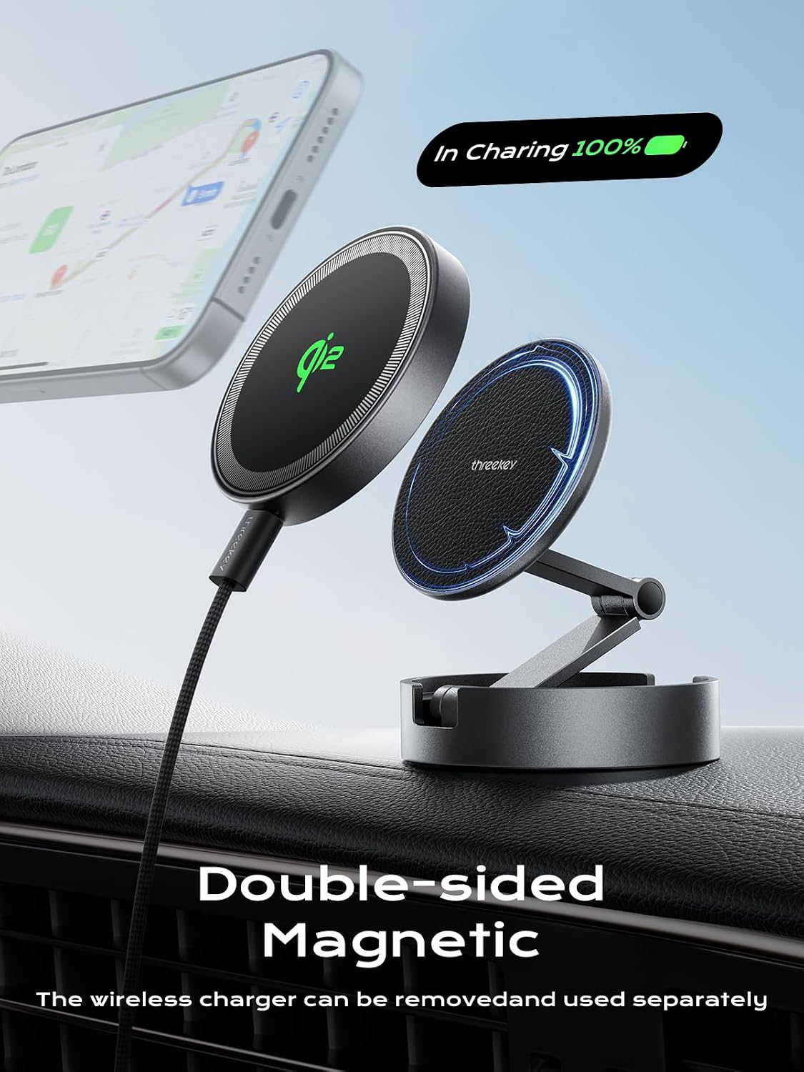 THREEKEY Magnetic Car Mount Charger Lite Qi2 15W Fast Wireless Charging | Compatible with iPhone 17-12|Galaxy S26-S25 Ultra,Retractable holder, 360° Adjustable,Strong magnetic