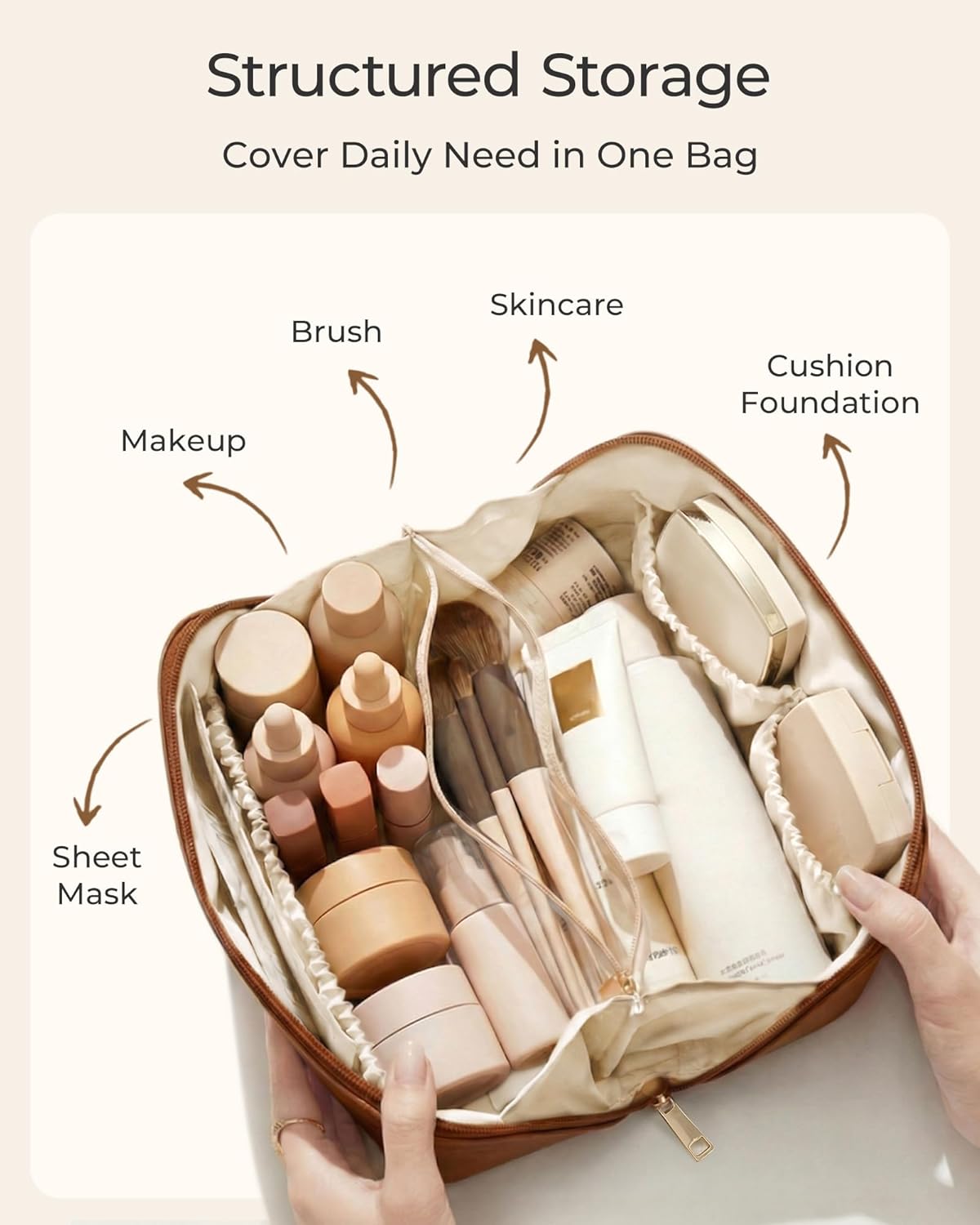 BAGSMART Makeup Bag Travel Cosmetic Bag, Large Make Up Bag Flat Open Toiletry Bag for Women, PU Leather Travel Essentials Organizer Case, Wide-open Pouch Purse for Skincare, Brushes, Brown Leopard