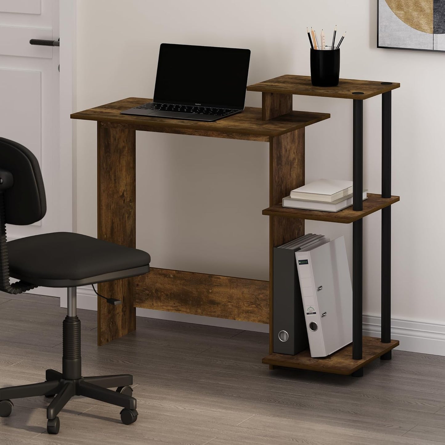 Furinno EFFICIENT Desk, 28.6" Wide Gaming Desk with 3 Open Side Shelves, Laptop Notebook Computer Desk, Office Desk for Home Office, Study Room, Dorm, Bedroom, Amber Pine
