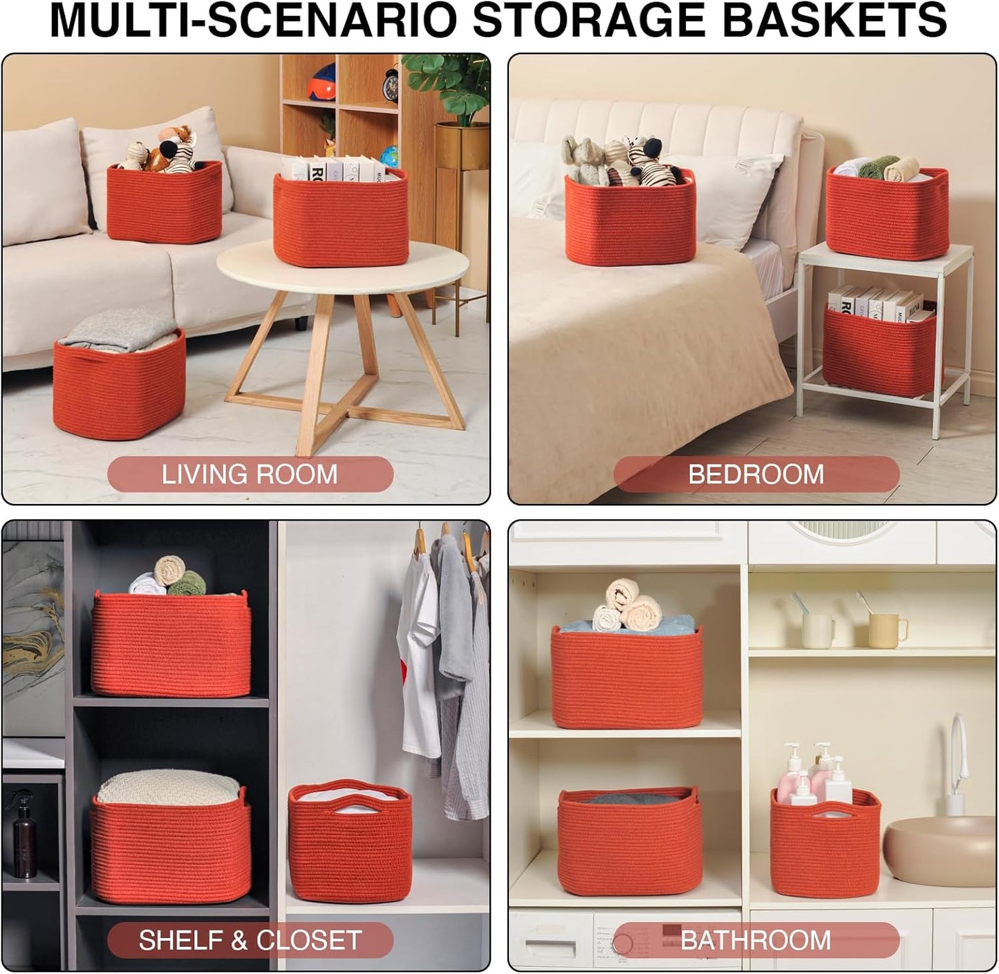 ICERZCZ Storage Baskets for Organizing, Storage Basket for Shelves, Toy Towel Basket for Bathroom Nursery, Woven Cotton Rope Baskets for Decor, 15"x11"x9.5", 3 Packs, Brick Red