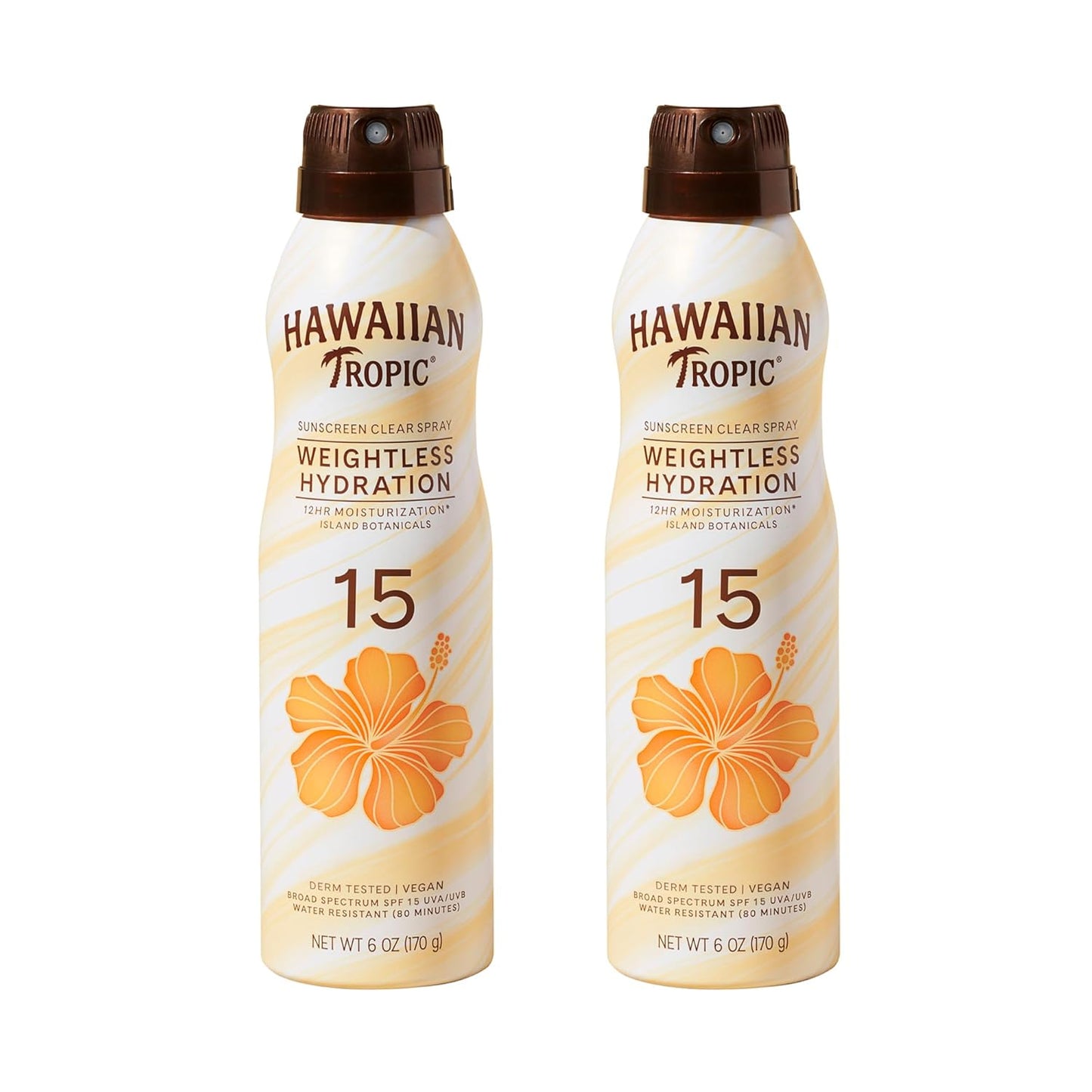 Hawaiian Tropic Weightless Hydration Clear Spray Sunscreen SPF 15, 6oz Twin Pack, Hawaiian Tropic Sunscreen SPF 15, Sunblock, Oxybenzone Free Sunscreen, Spray On Sunscreen Pack, 6 oz each
