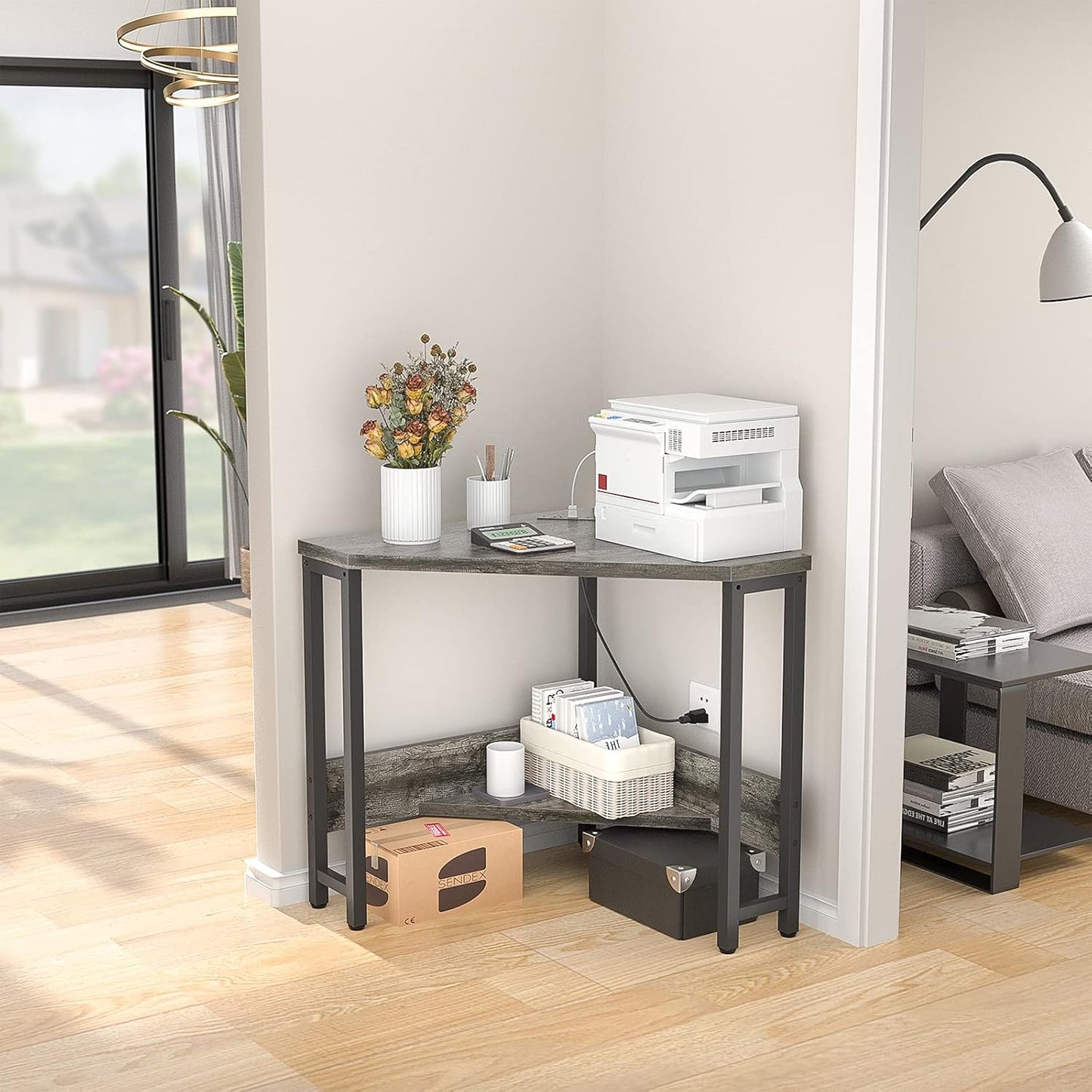 Armocity Corner Desk Small Desk with Outlets Corner Table for Small Space, Computer Desk with USB Ports Triangle Desk with Storage for Home Office, Workstation, Living Room, Bedroom, Oak