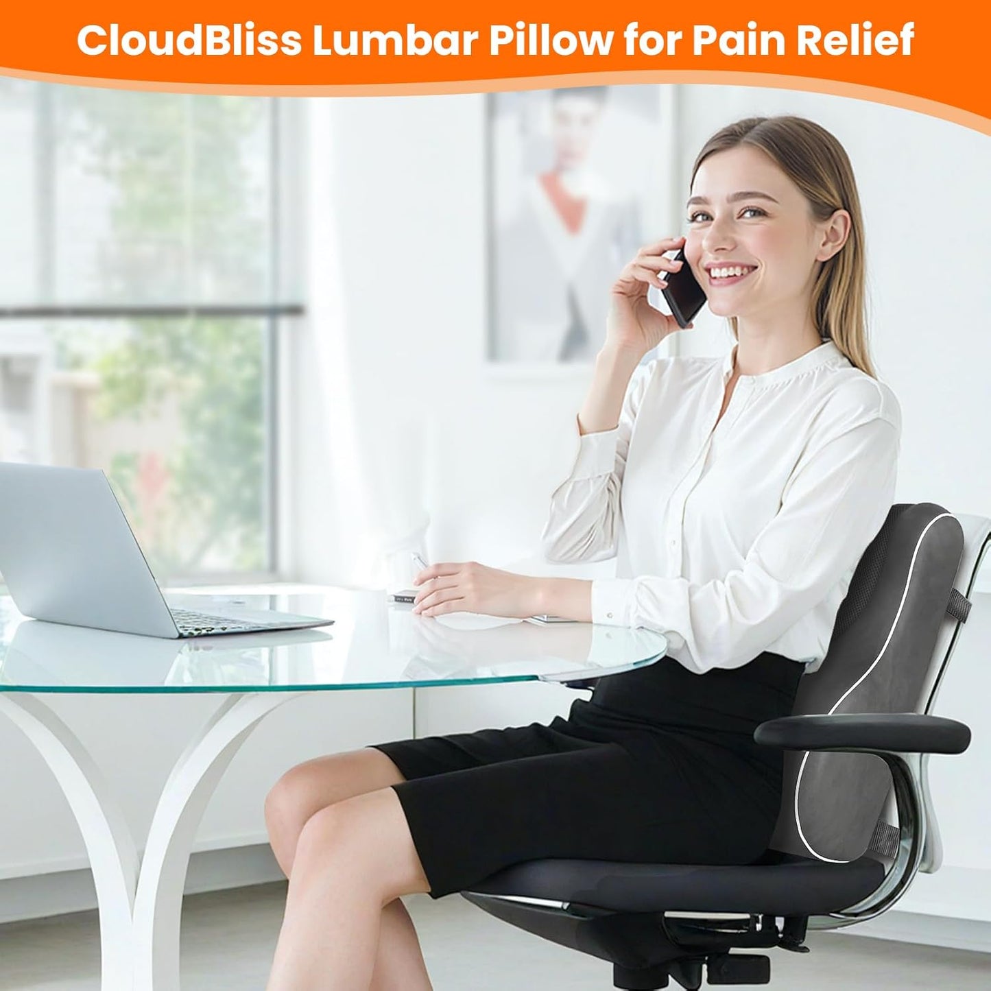 CloudBliss Ergonomic Lumbar Support Pillow – Memory Foam for Lower Back Pain Relief, Adjustable Straps & Mesh Cover for Office, Gaming, Car & Home Essentials (Grey)
