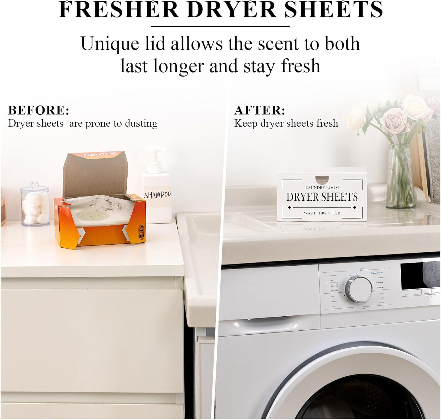 HouseJoy Dryer Sheet Holder-White Dryer Sheet Container with Lid,Rustic Farmhouse Wooden Dryer Sheet Dispenser for Fabric Softener Sheets,Laundry Room Decor Organization/Storage